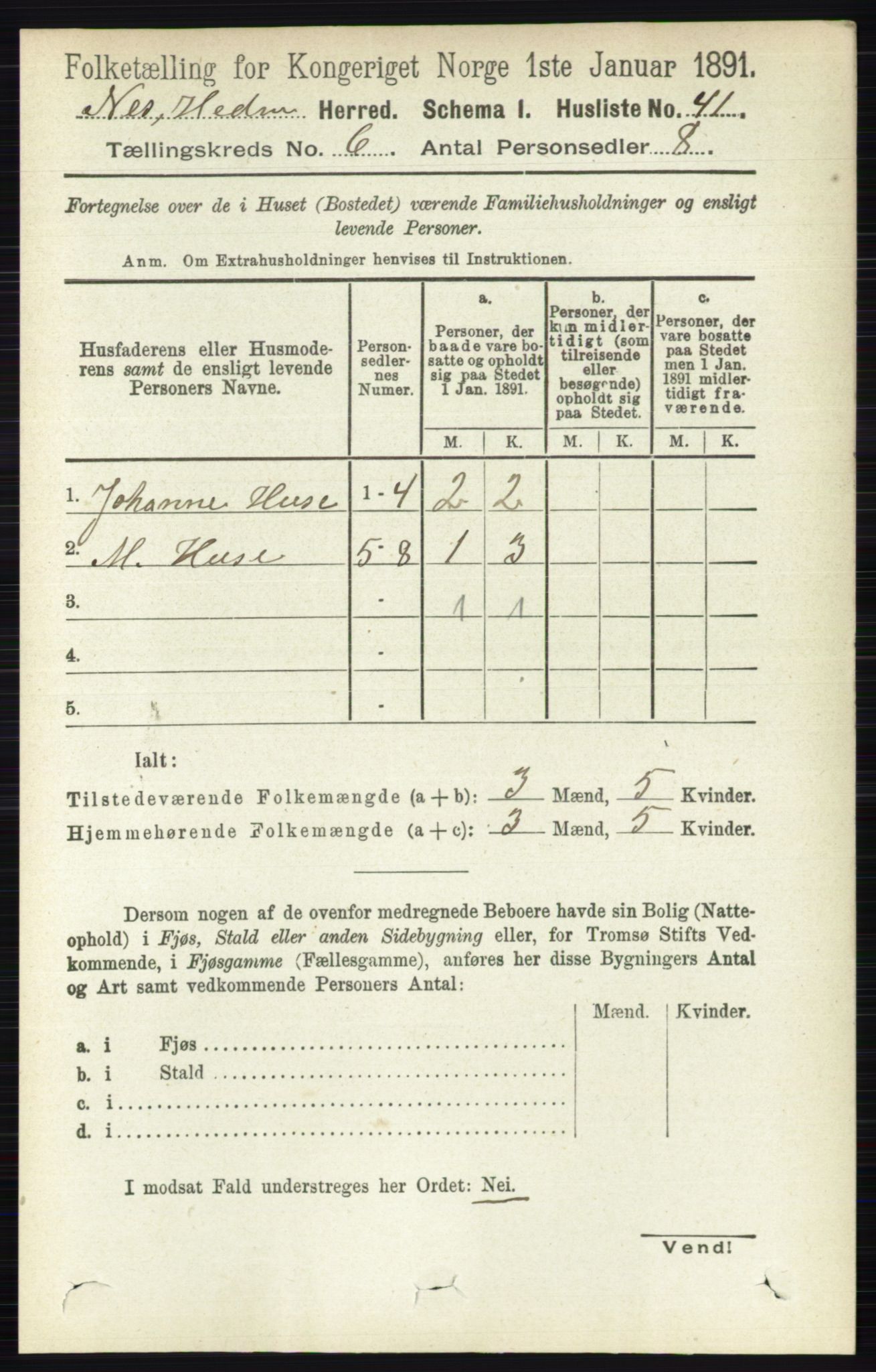 RA, 1891 census for 0411 Nes, 1891, p. 3209
