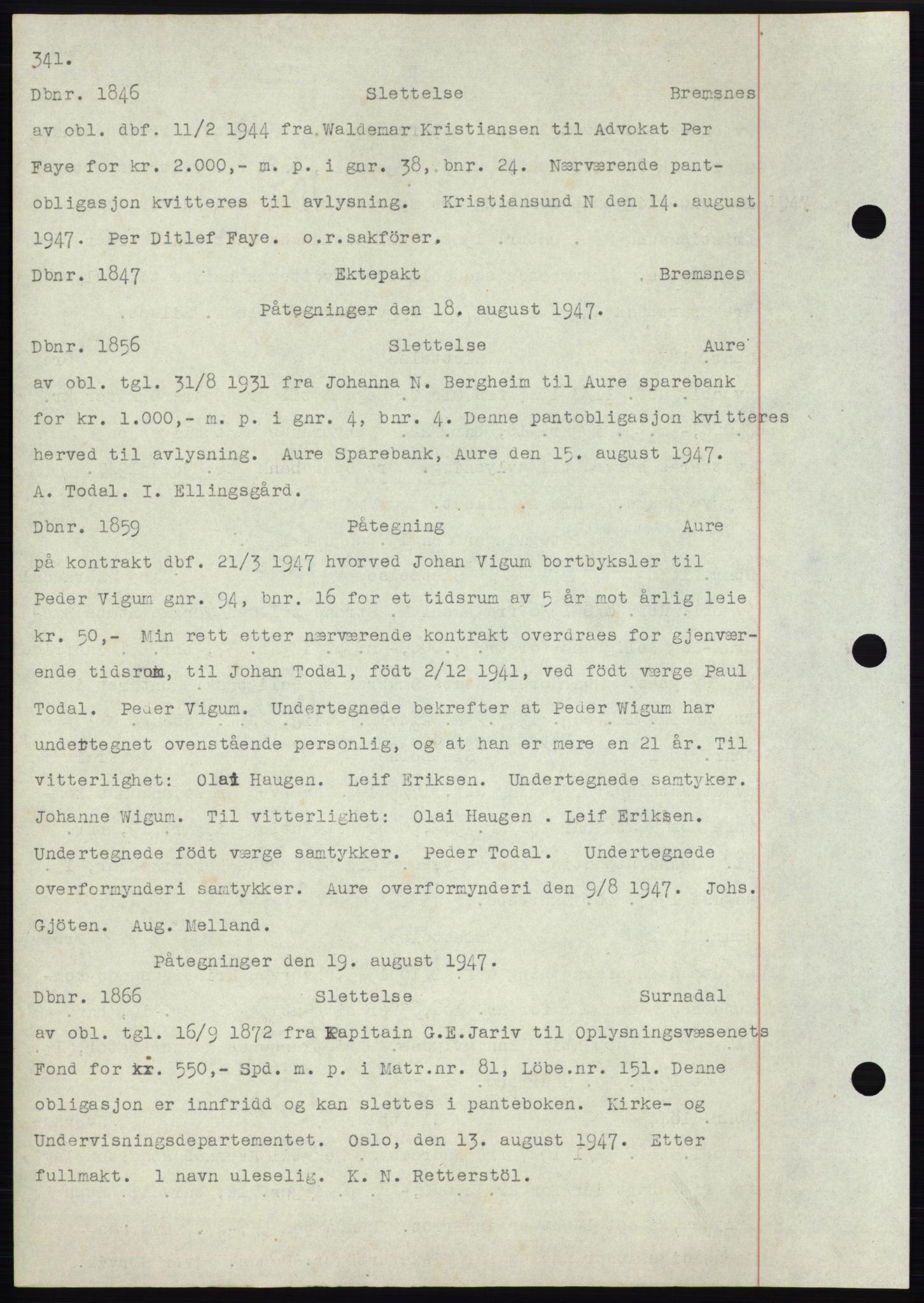 Nordmøre sorenskriveri, AV/SAT-A-4132/1/2/2Ca: Mortgage book no. C82b, 1946-1951, Diary no: : 1846/1947