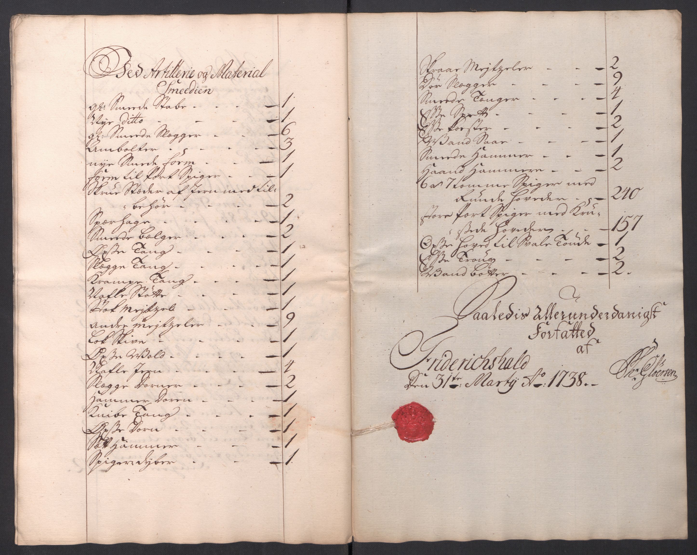 Kommanderende general (KG I) med Det norske krigsdirektorium, RA/EA-5419/D/L0154: Fredriksten festning: Brev, inventarfortegnelser og regnskapsekstrakter, 1730-1739, p. 655