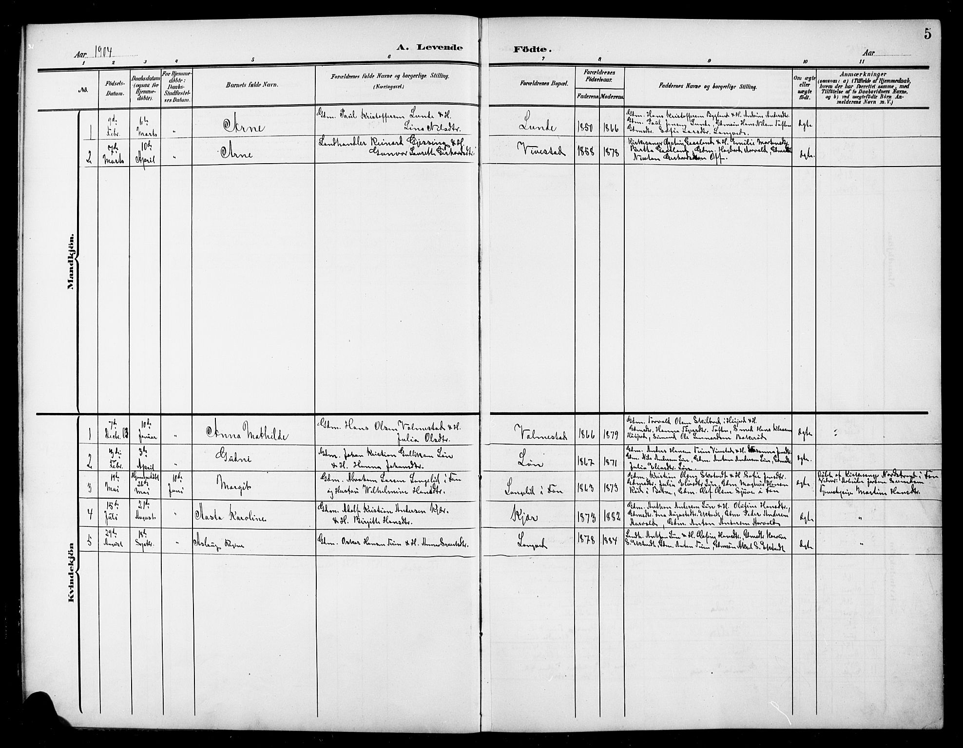 Ramnes kirkebøker, SAKO/A-314/G/Gc/L0002: Parish register (copy) no. III 2, 1903-1924, p. 5