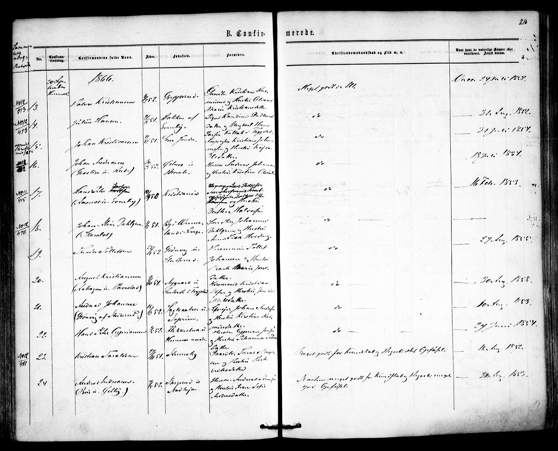 Høland prestekontor Kirkebøker, AV/SAO-A-10346a/F/Fa/L0011: Parish register (official) no. I 11, 1862-1869, p. 216