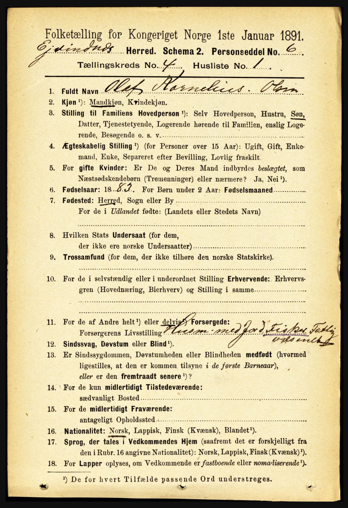 RA, 1891 census for 1853 Evenes, 1891, p. 1231