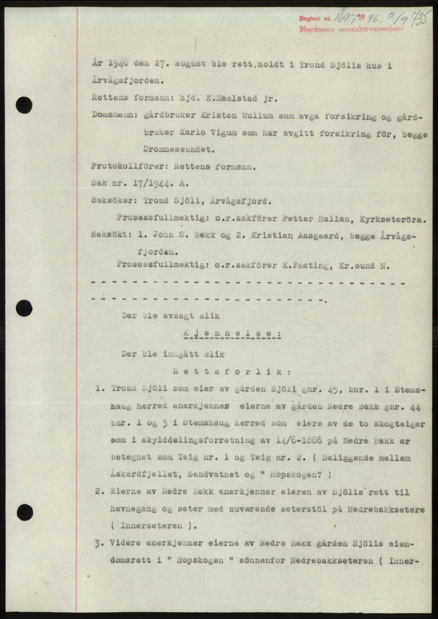 Nordmøre sorenskriveri, AV/SAT-A-4132/1/2/2Ca: Mortgage book no. B94, 1946-1946, Diary no: : 1697/1946