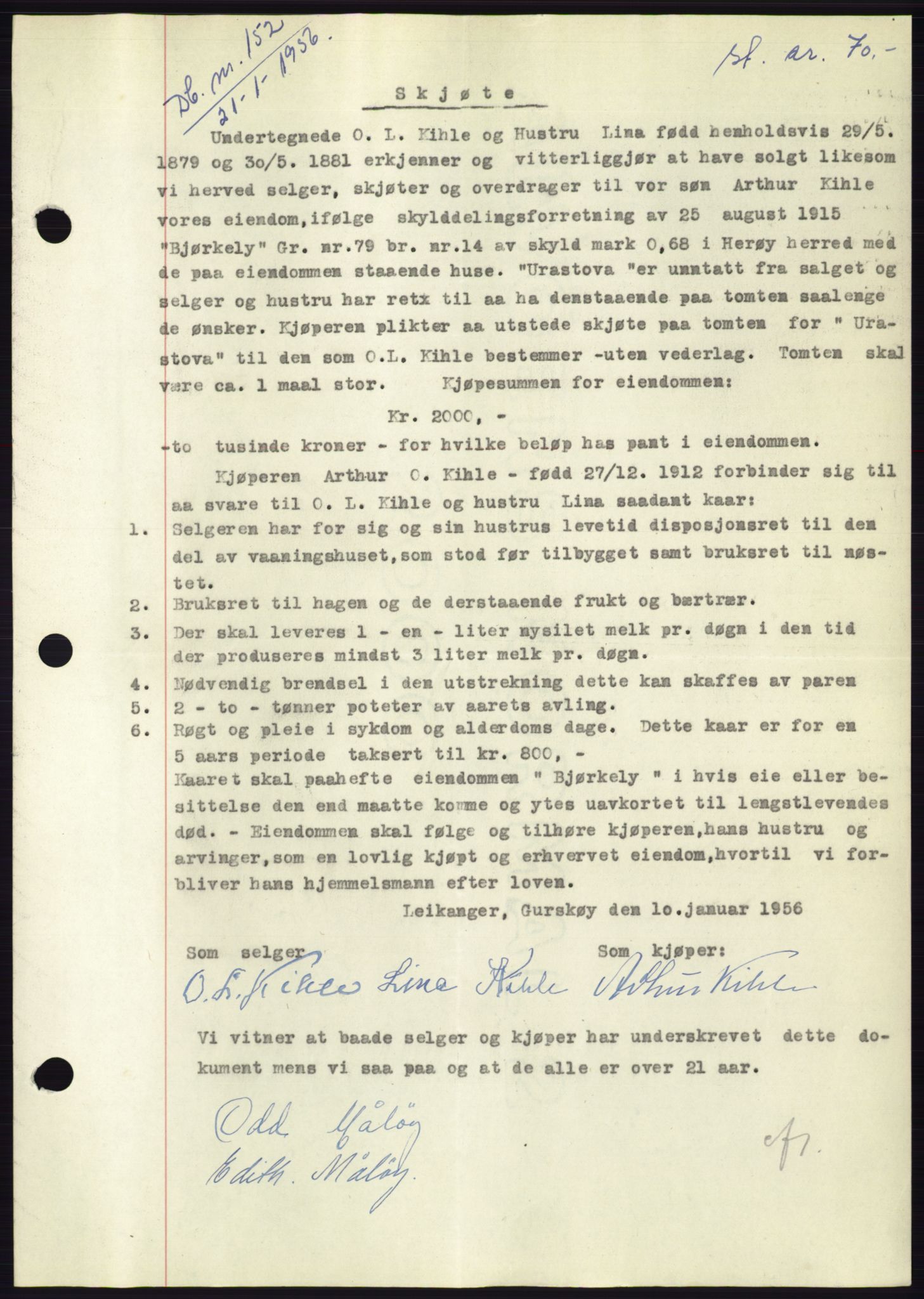 Søre Sunnmøre sorenskriveri, AV/SAT-A-4122/1/2/2C/L0102: Mortgage book no. 28A, 1955-1956, Diary no: : 152/1956