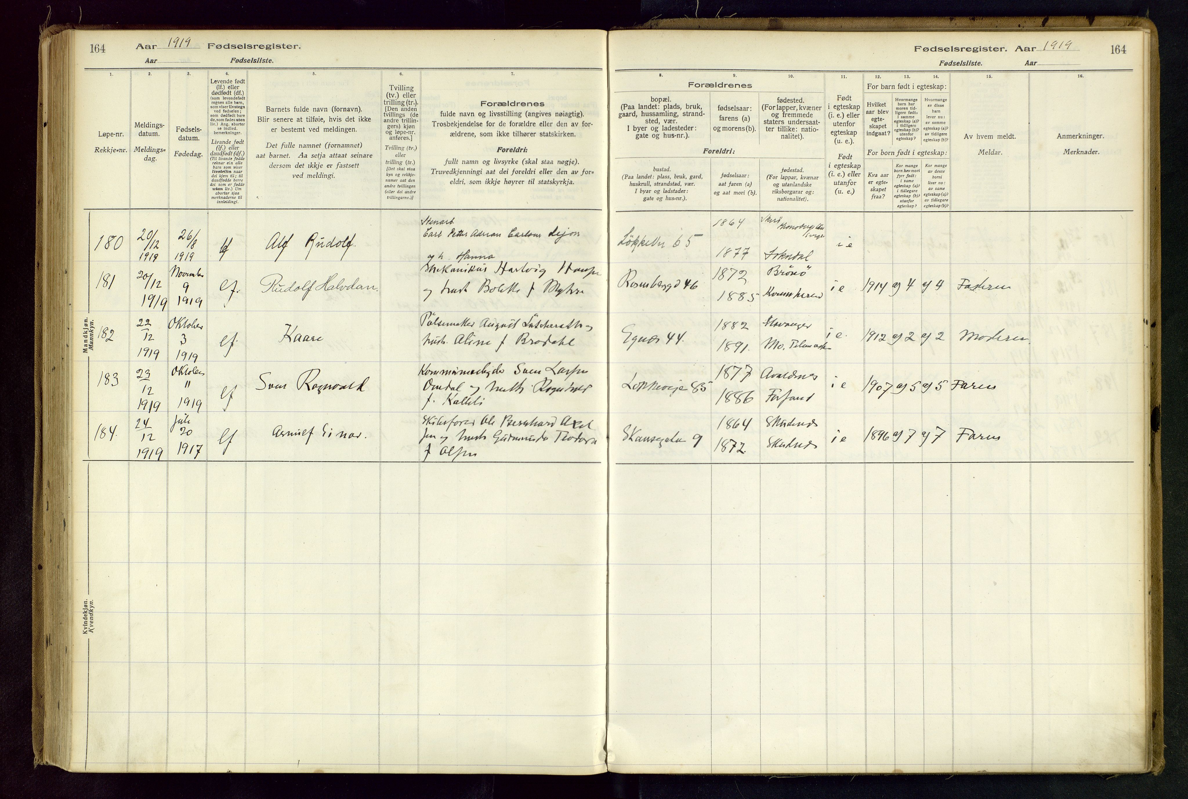 Domkirken sokneprestkontor, AV/SAST-A-101812/002/B/L0001: Birth register no. 1, 1916-1920, p. 164