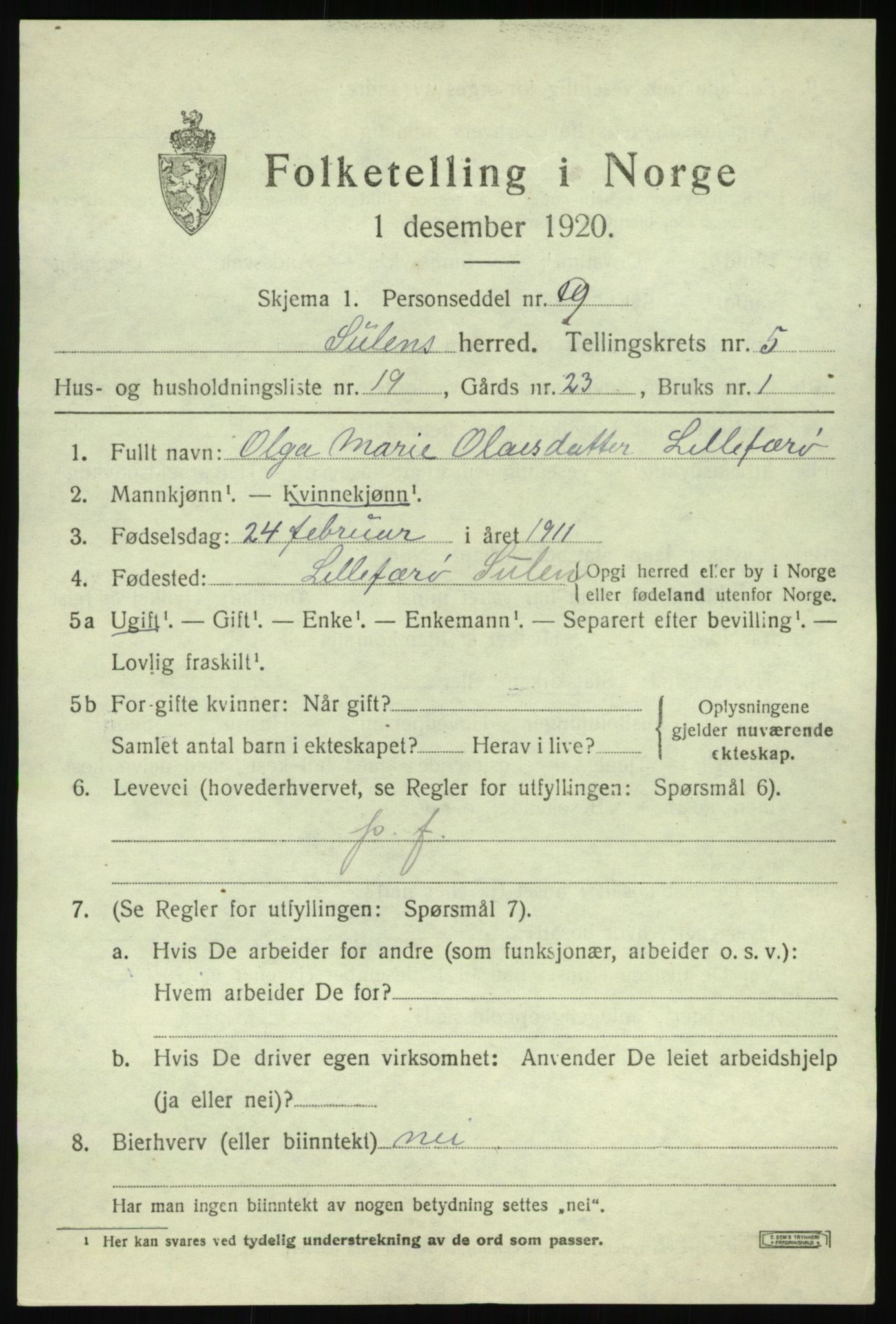 SAB, 1920 census for Solund, 1920, p. 2432