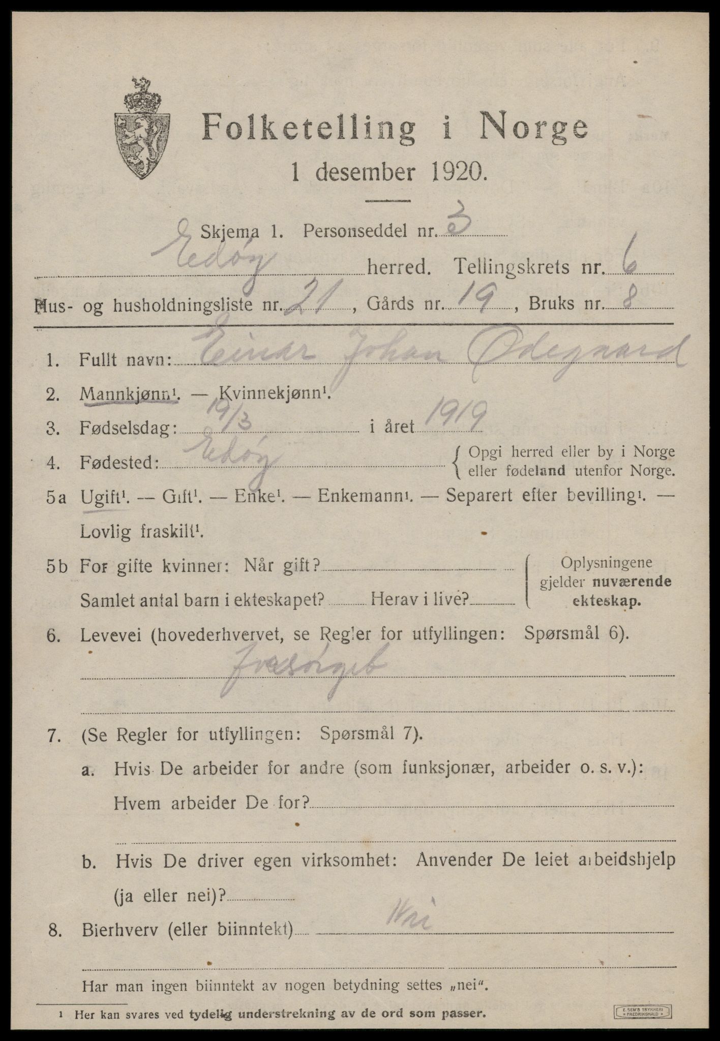 SAT, 1920 census for Edøy, 1920, p. 2022