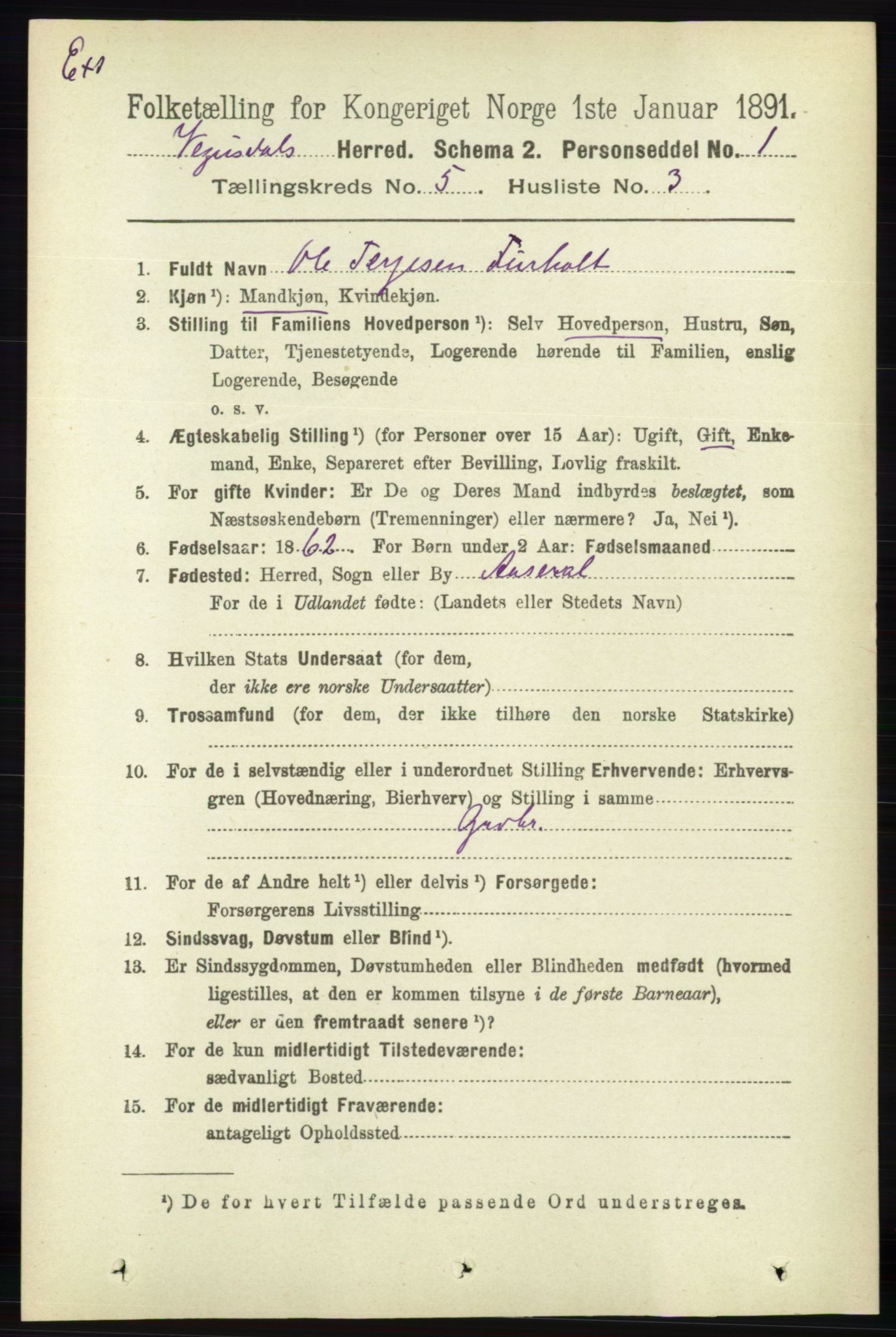 RA, Census 1891 for Nedenes amt: Gjenparter av personsedler for beslektede ektefeller, menn, 1891, p. 924