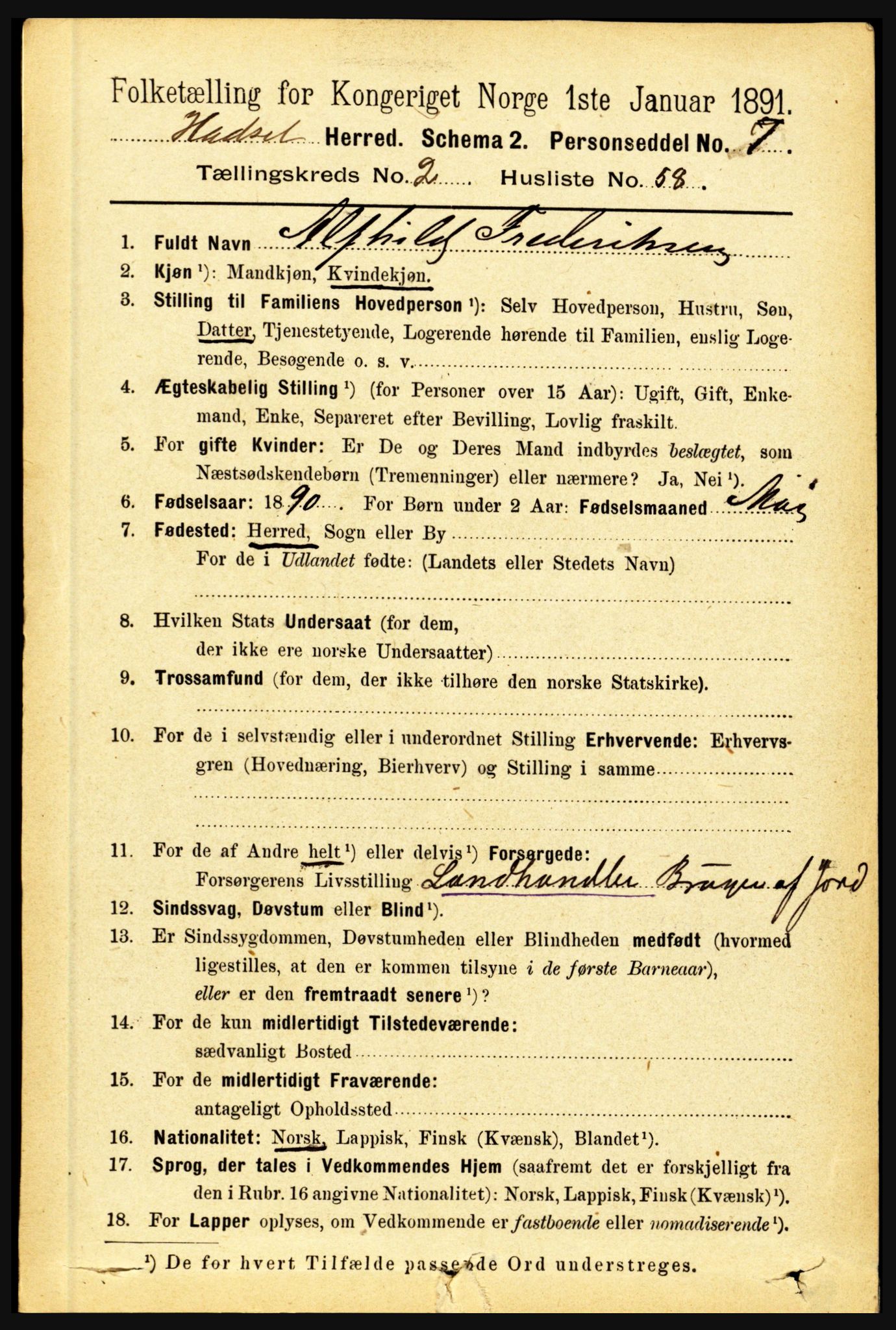 RA, 1891 census for 1866 Hadsel, 1891, p. 996