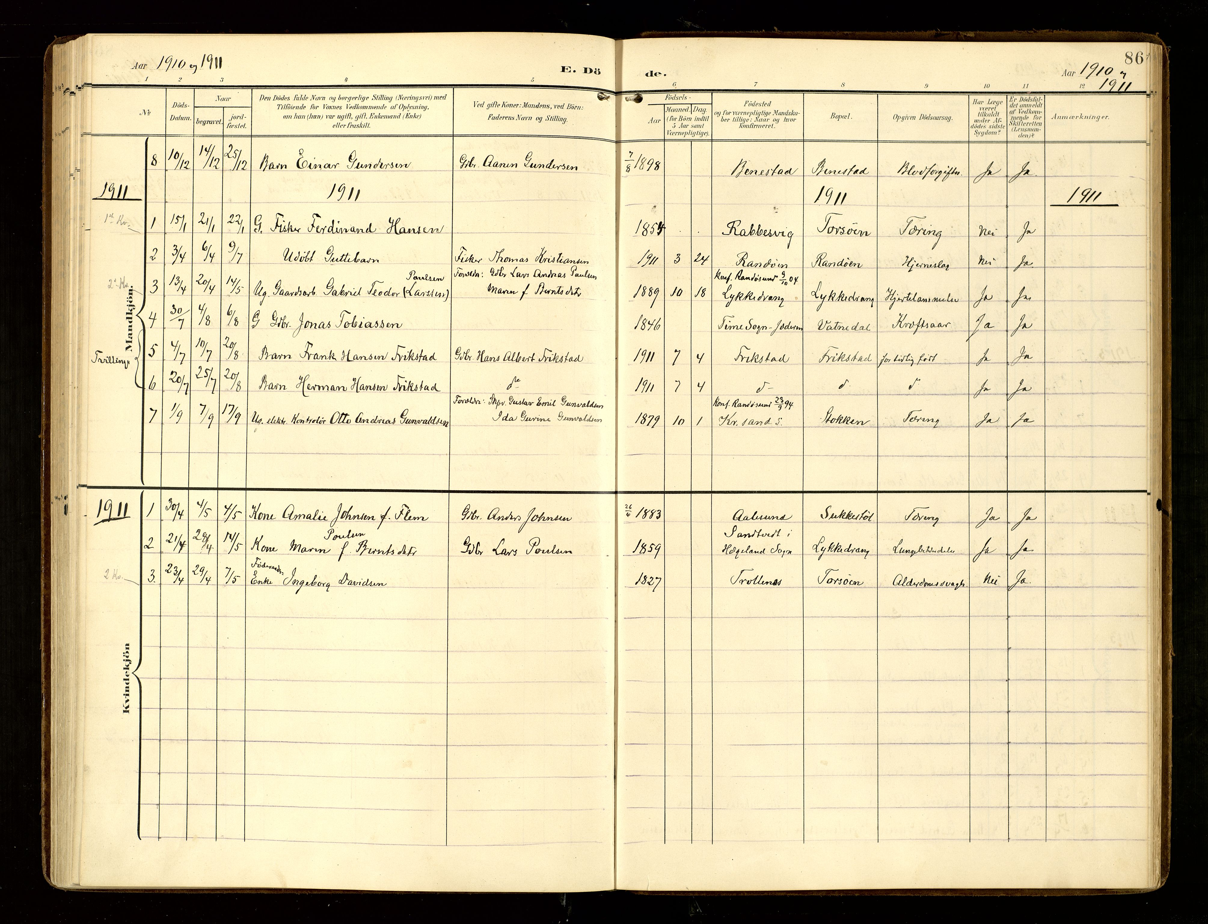 Oddernes sokneprestkontor, AV/SAK-1111-0033/F/Fa/Fab/L0003: Parish register (official) no. A 3, 1903-1916, p. 86