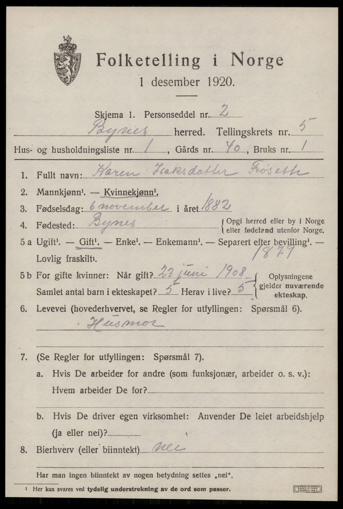 SAT, 1920 census for Byneset, 1920, p. 2506