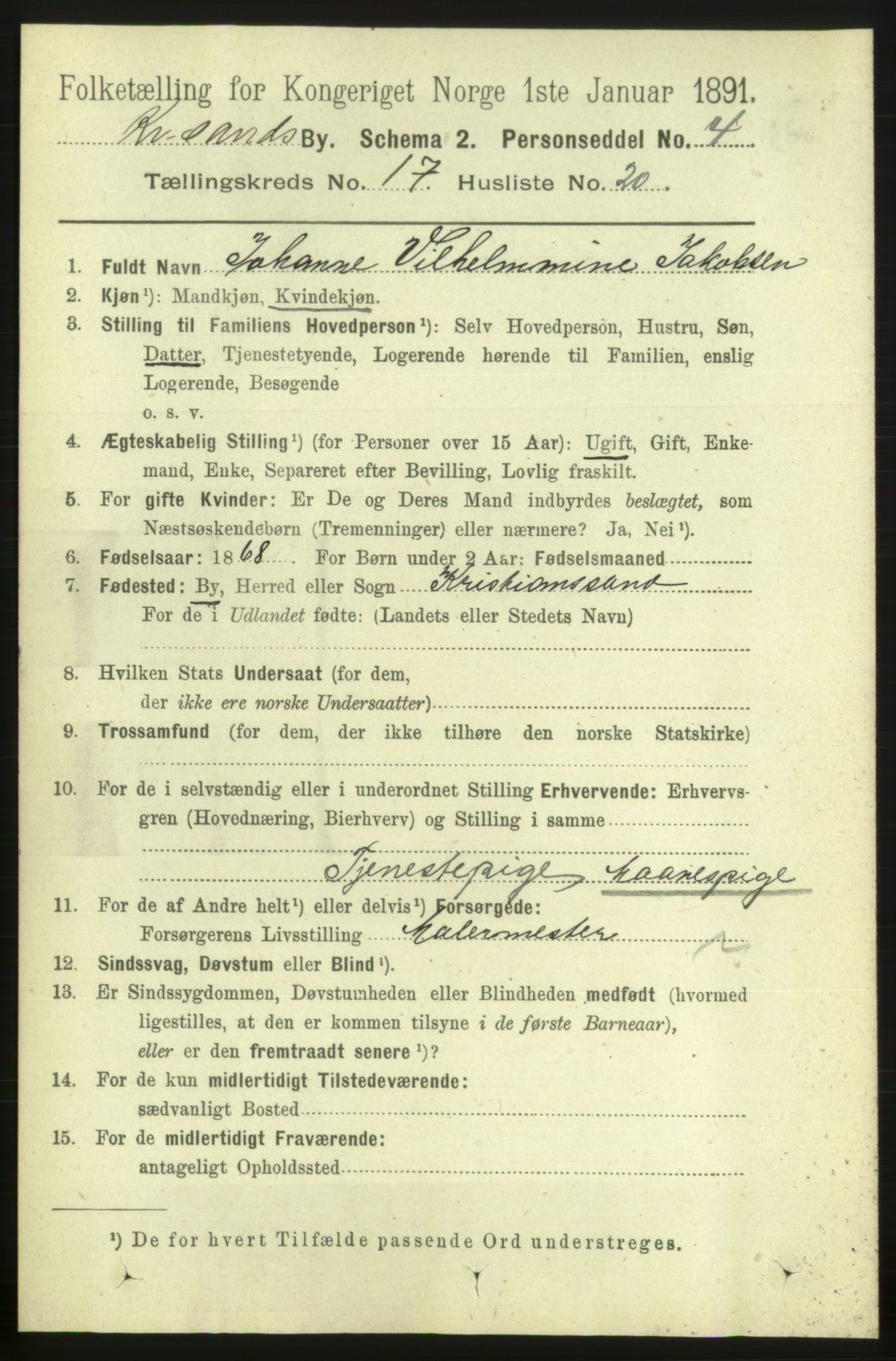 RA, 1891 census for 1001 Kristiansand, 1891, p. 6902