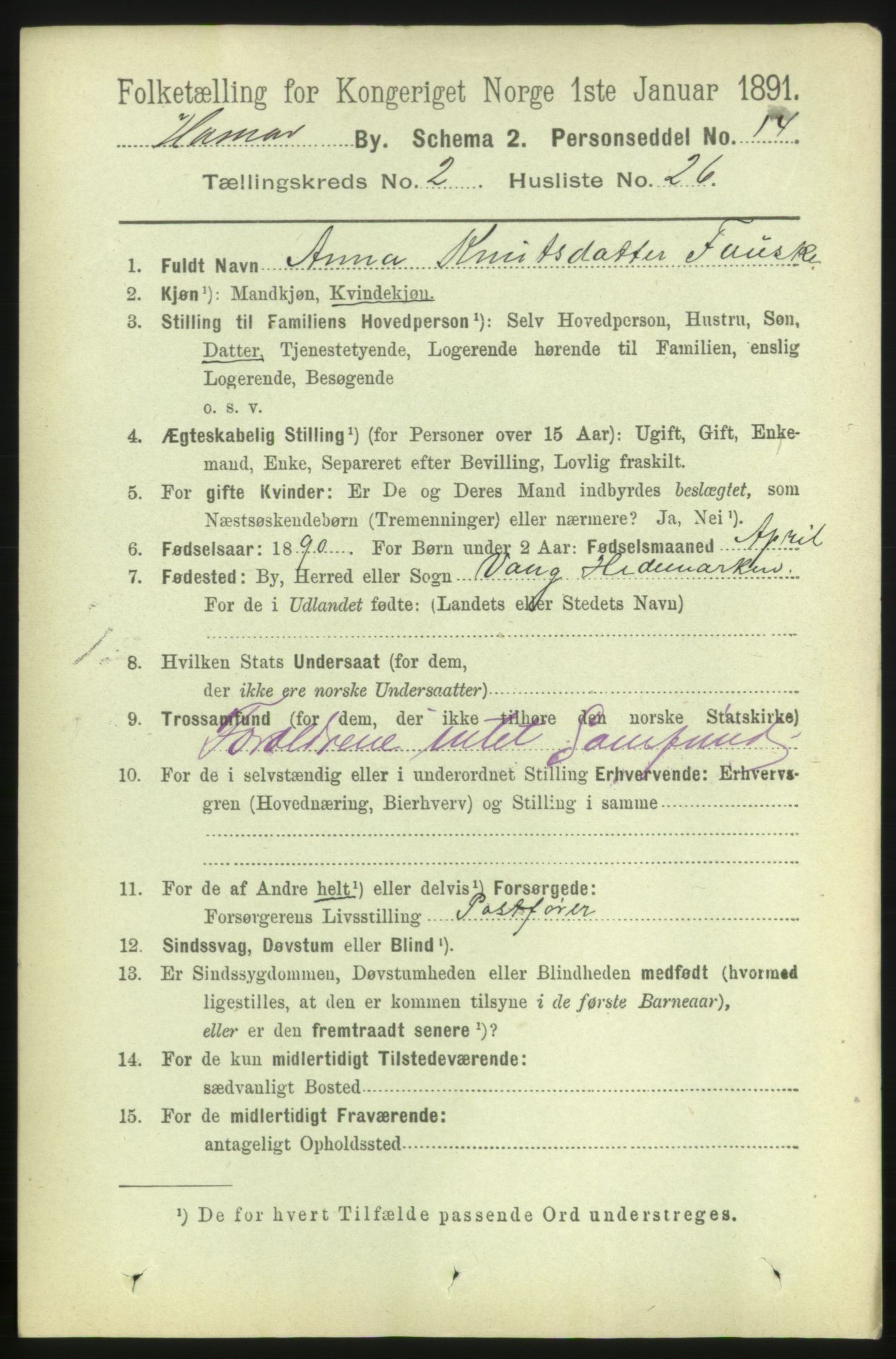 RA, 1891 census for 0401 Hamar, 1891, p. 1382