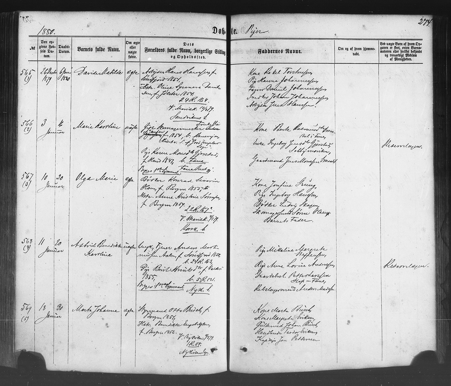 Fødselsstiftelsens sokneprestembete*, SAB/-: Parish register (official) no. A 1, 1863-1883, p. 274