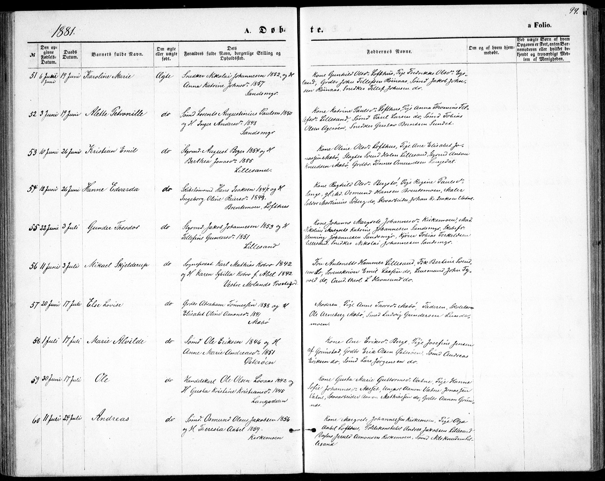 Vestre Moland sokneprestkontor, SAK/1111-0046/F/Fb/Fbb/L0005: Parish register (copy) no. B 5, 1872-1883, p. 94