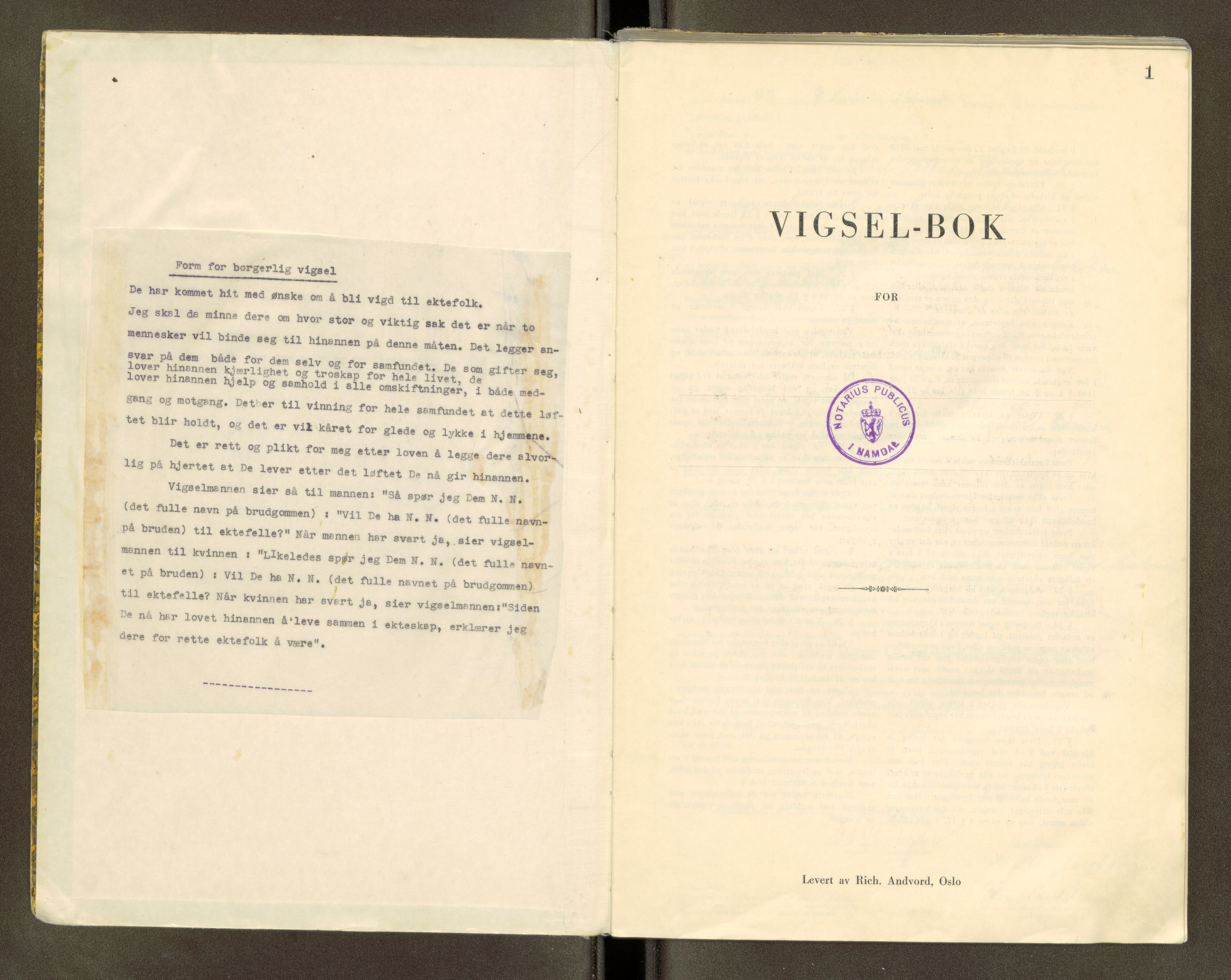 Namdal sorenskriveri, AV/SAT-A-4133/1/6/6D/L0001: Vigselbøker, 1940-1948, p. 1