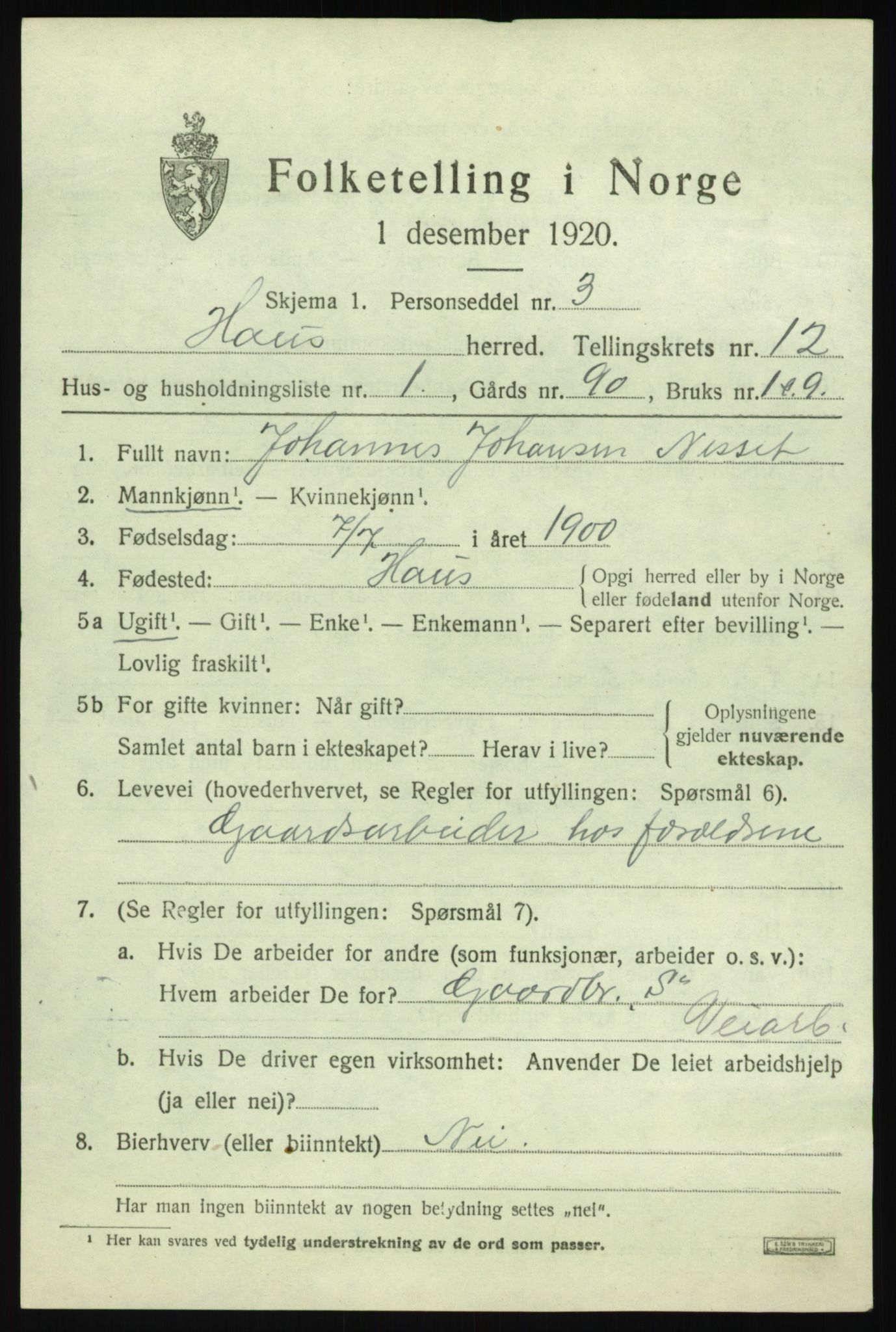 SAB, 1920 census for Haus, 1920, p. 7439