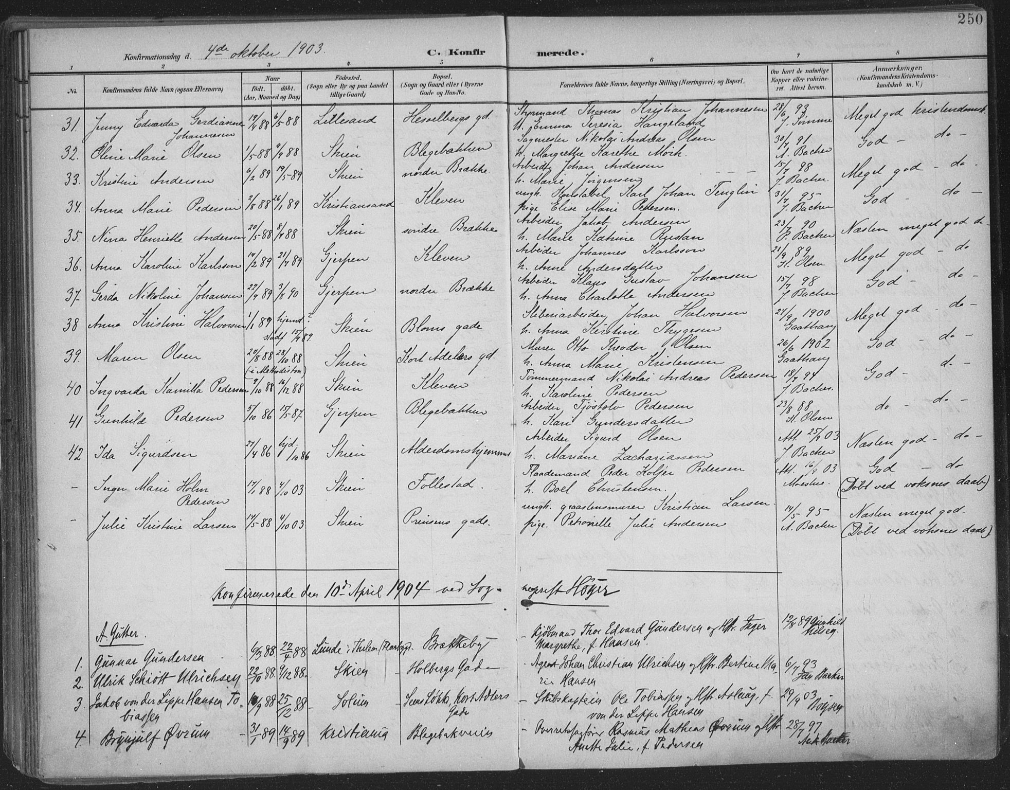 Skien kirkebøker, SAKO/A-302/F/Fa/L0011: Parish register (official) no. 11, 1900-1907, p. 250