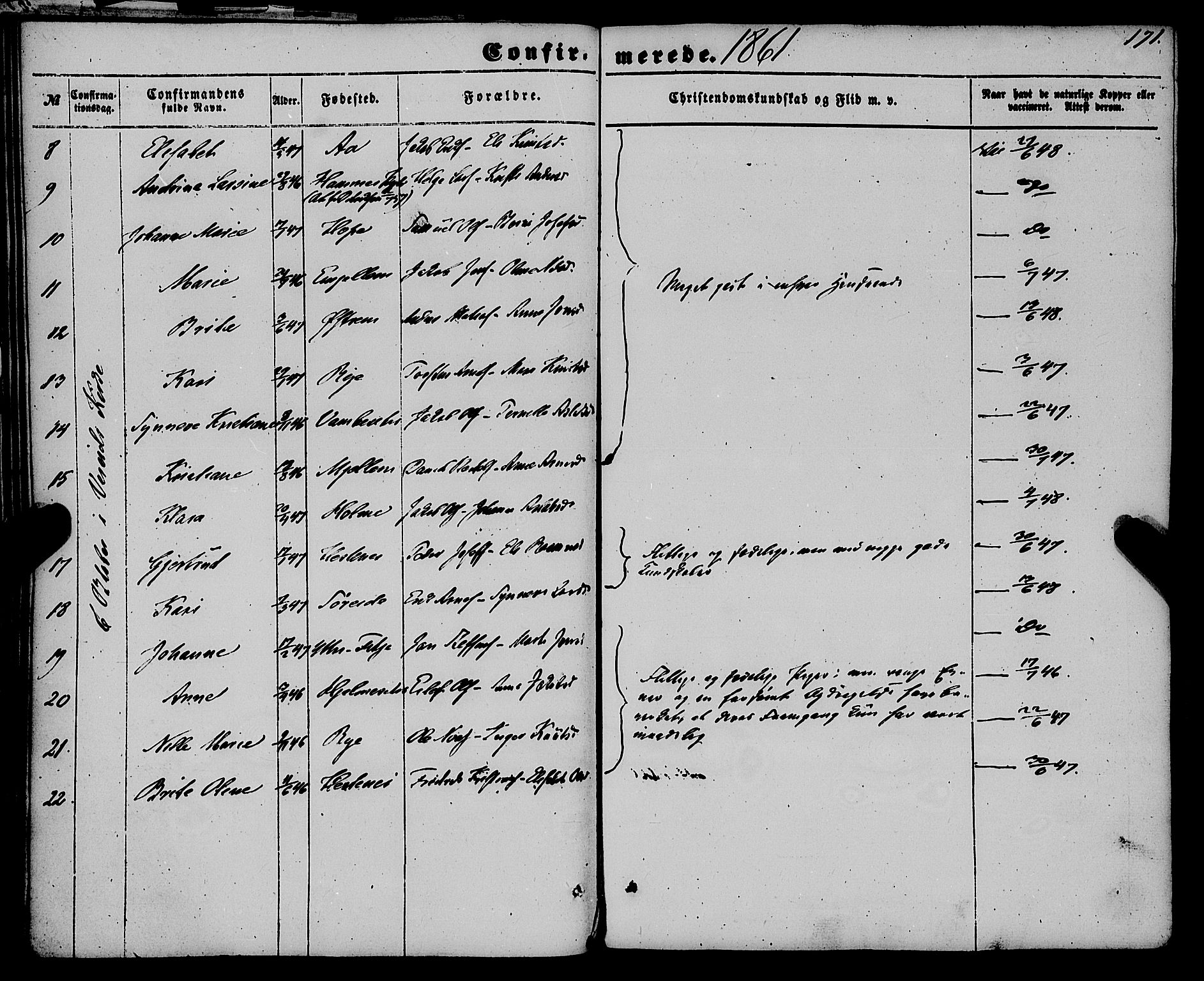 Gloppen sokneprestembete, AV/SAB-A-80101/H/Haa/Haaa/L0009: Parish register (official) no. A 9, 1855-1870, p. 171