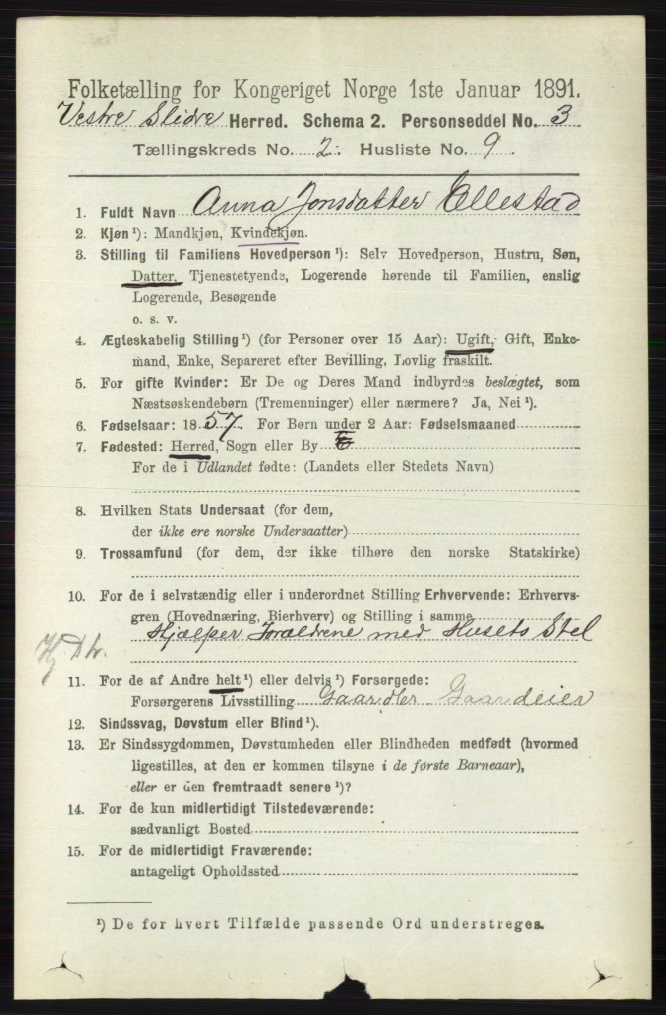RA, 1891 census for 0543 Vestre Slidre, 1891, p. 576