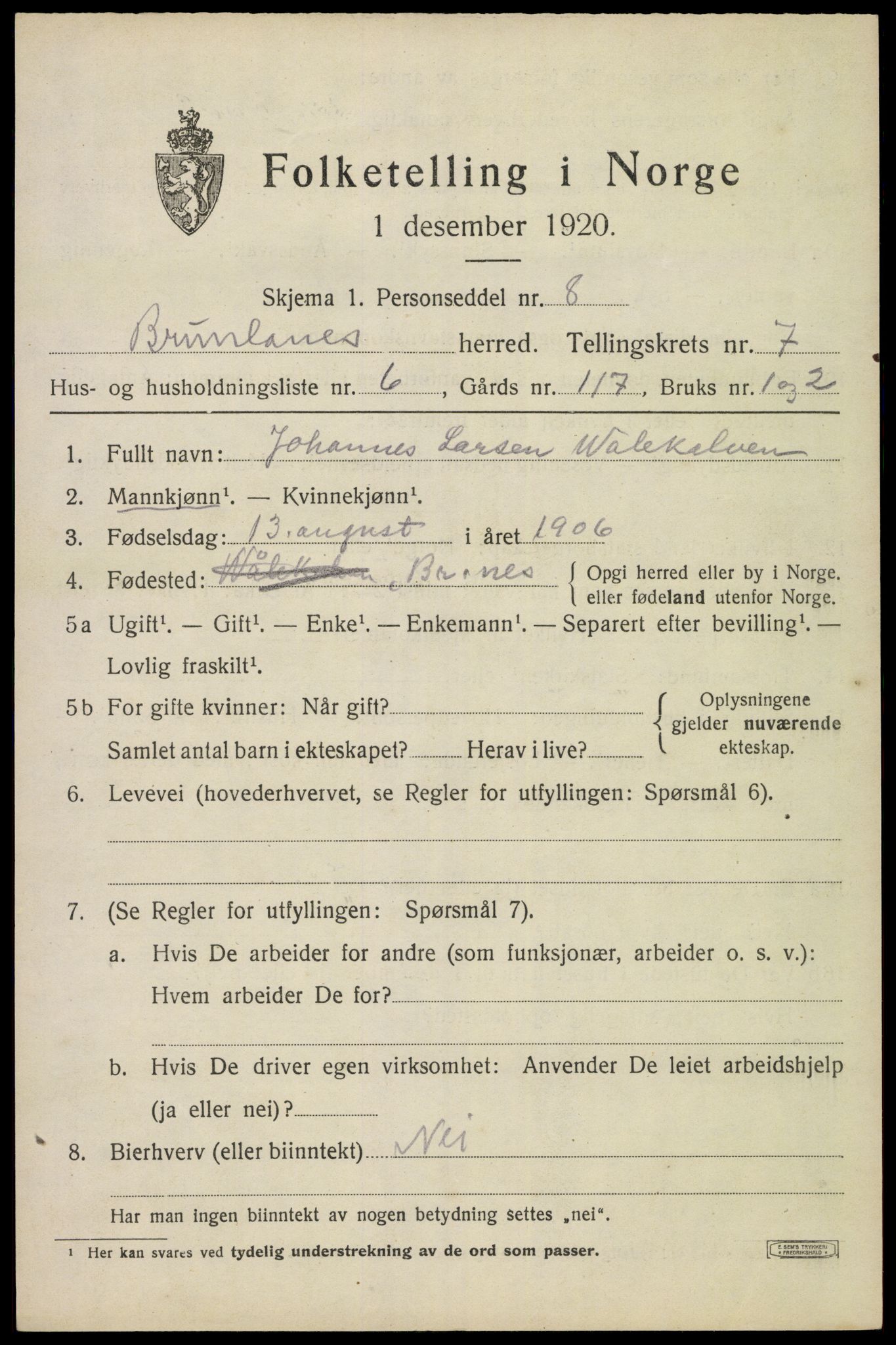 SAKO, 1920 census for Brunlanes, 1920, p. 7149