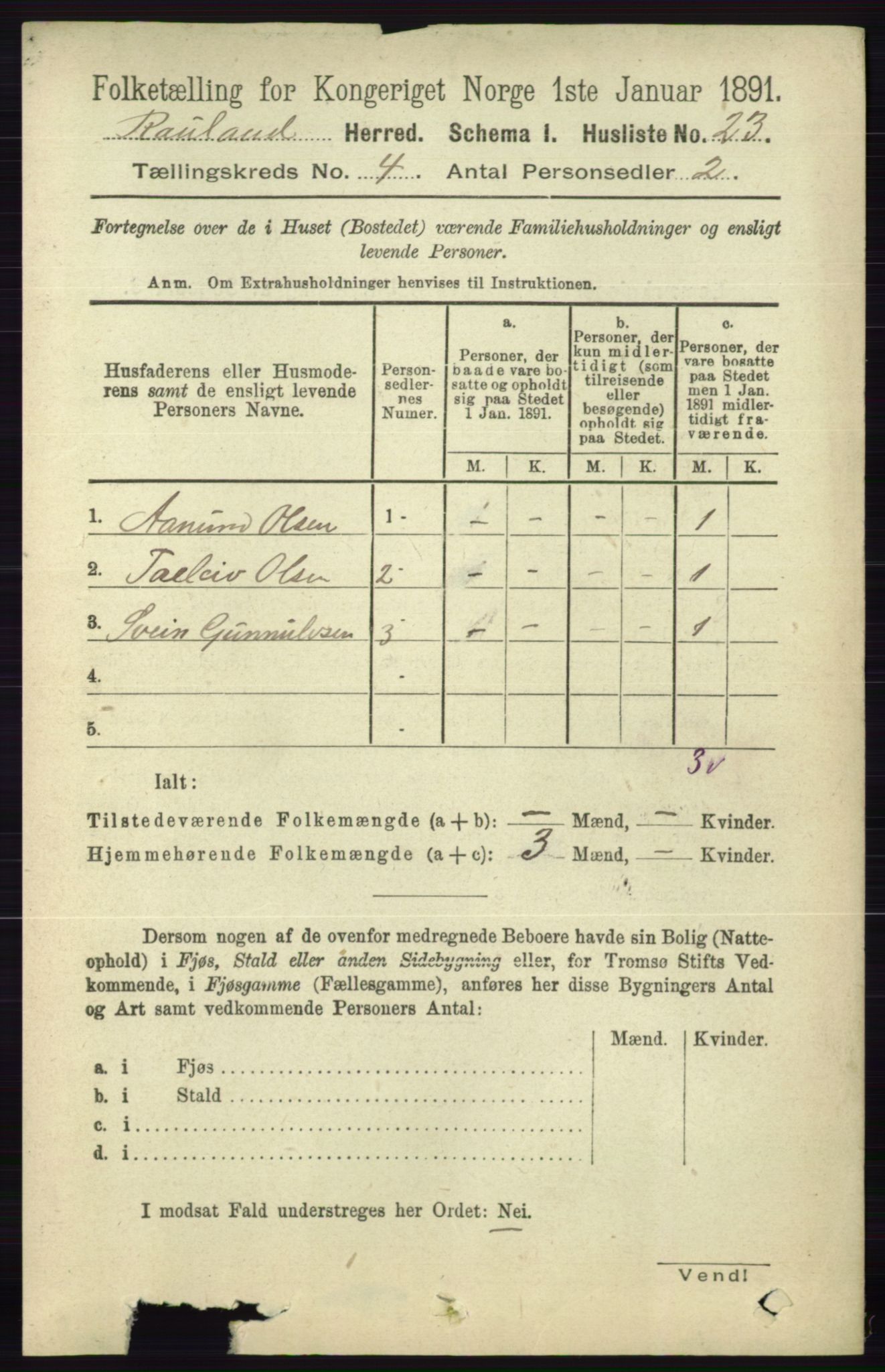 RA, 1891 census for 0835 Rauland, 1891, p. 1009