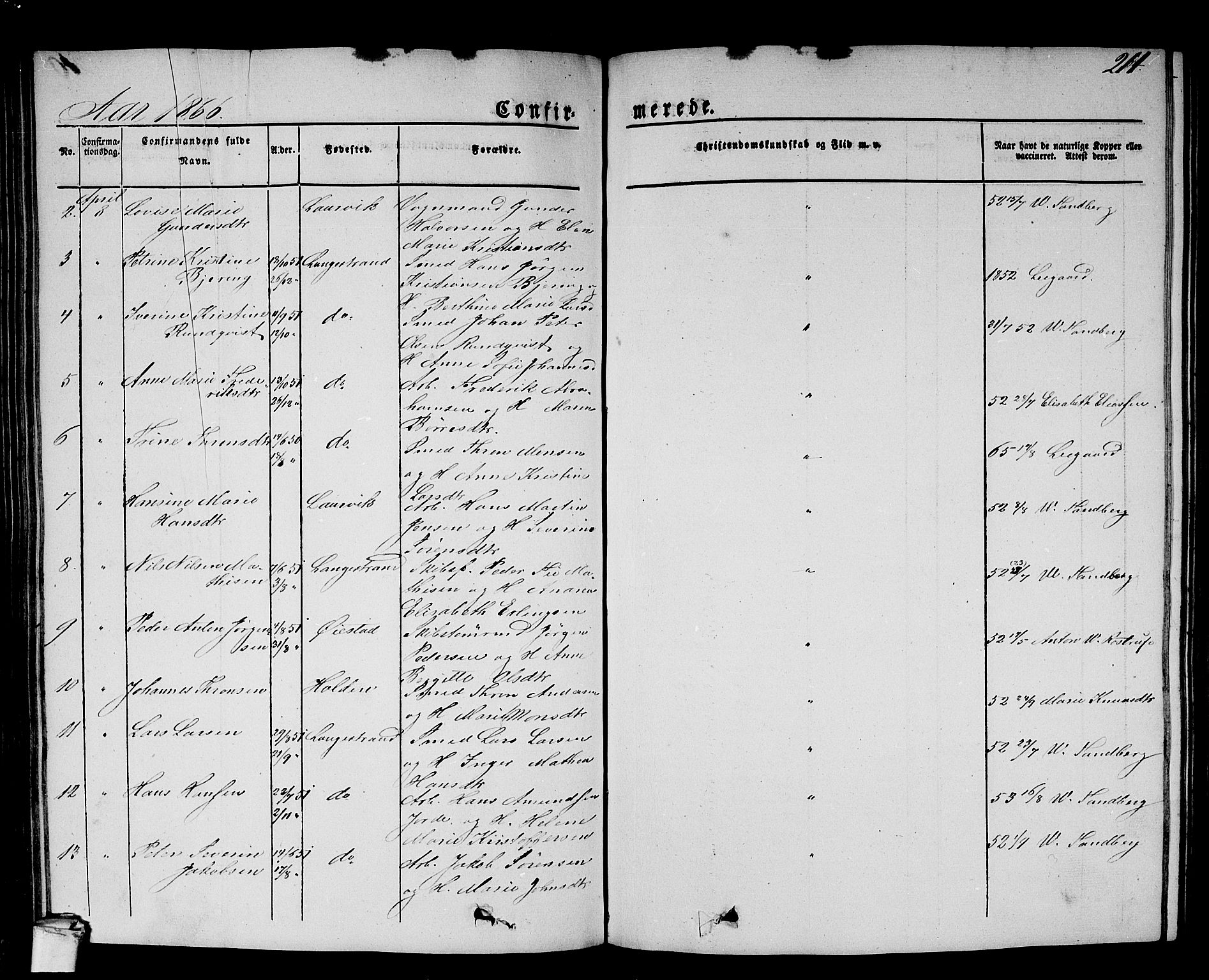 Larvik kirkebøker, SAKO/A-352/G/Gb/L0002: Parish register (copy) no. II 2, 1843-1866, p. 211