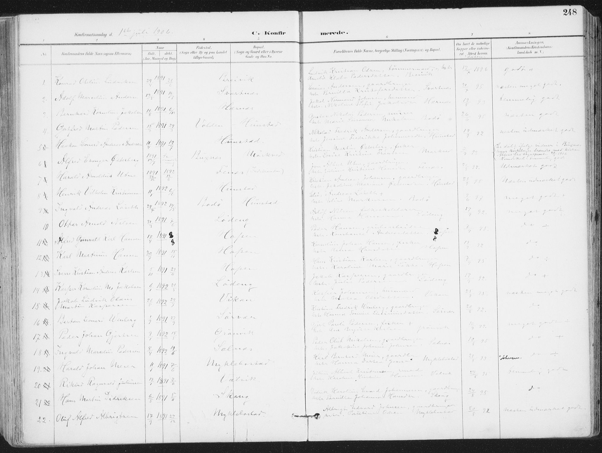 Ministerialprotokoller, klokkerbøker og fødselsregistre - Nordland, SAT/A-1459/802/L0055: Parish register (official) no. 802A02, 1894-1915, p. 248