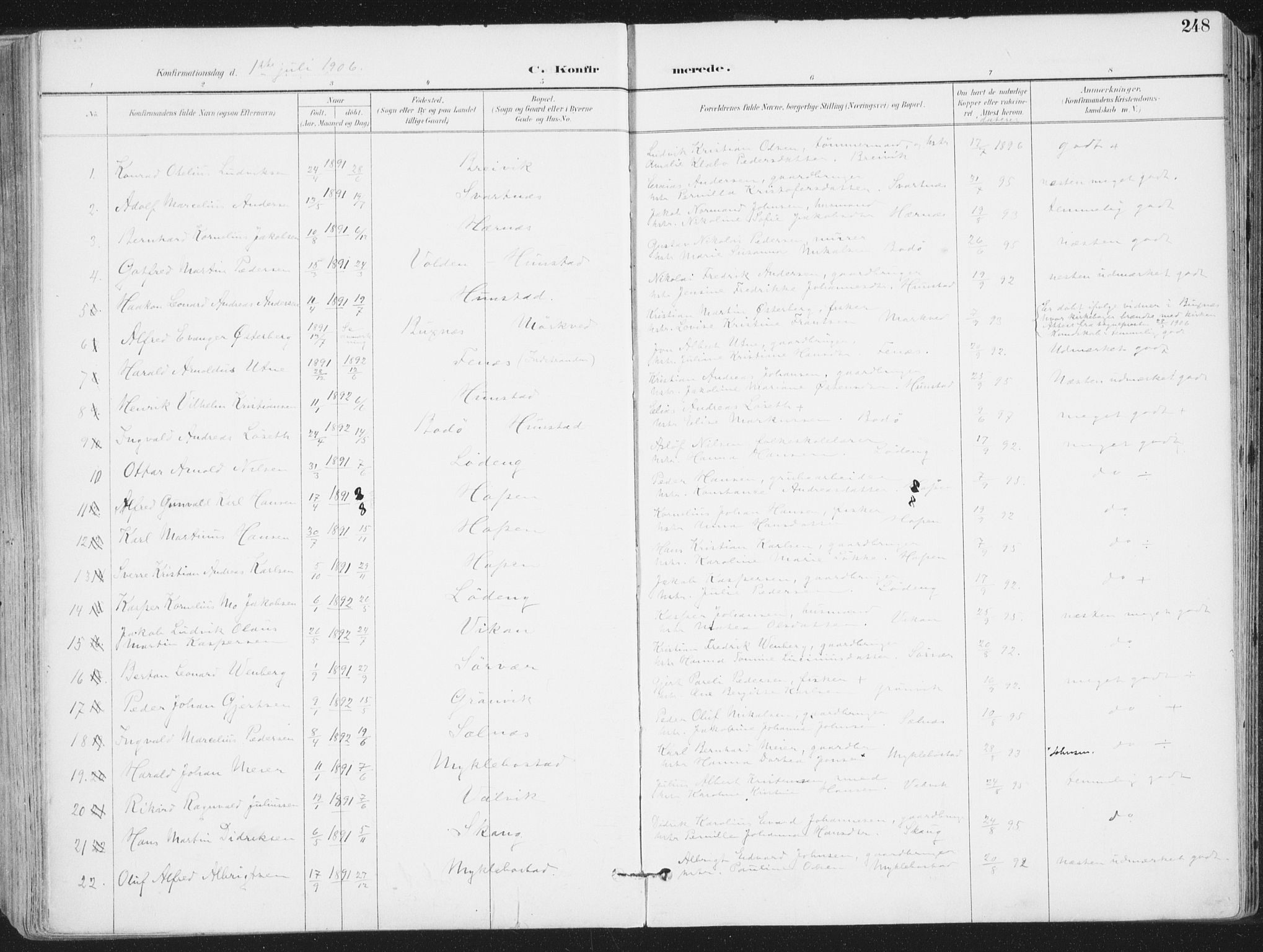 Ministerialprotokoller, klokkerbøker og fødselsregistre - Nordland, AV/SAT-A-1459/802/L0055: Parish register (official) no. 802A02, 1894-1915, p. 248