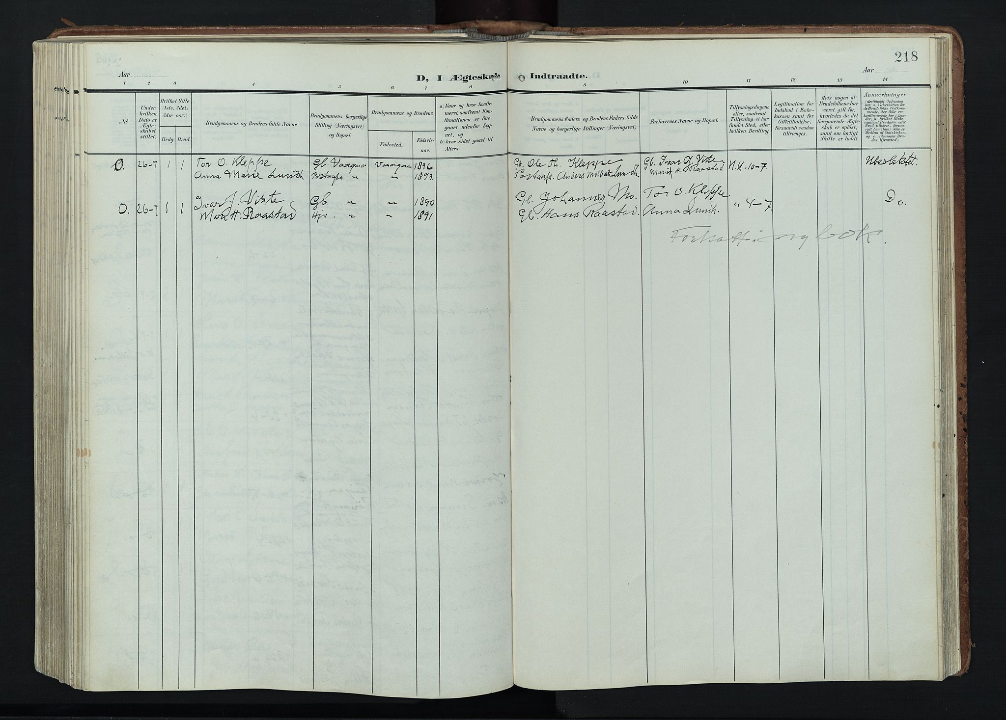 Vågå prestekontor, SAH/PREST-076/H/Ha/Haa/L0011: Parish register (official) no. 11, 1905-1924, p. 218