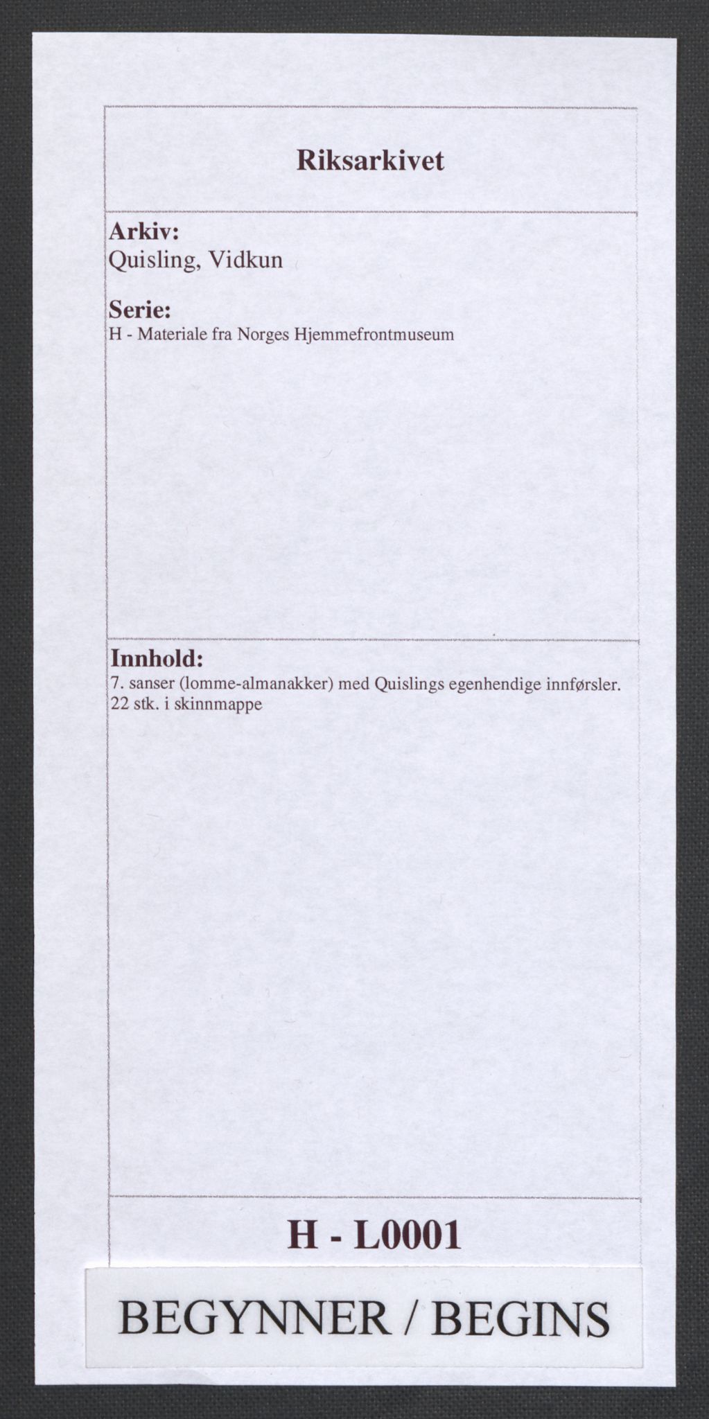 Quisling, Vidkun, RA/PA-0750/H/L0001: 7. sanser (lomme-almanakker) med Quislings egenhendige innførsler. 22 stk. i skinnmappe, 1922-1944, p. 1