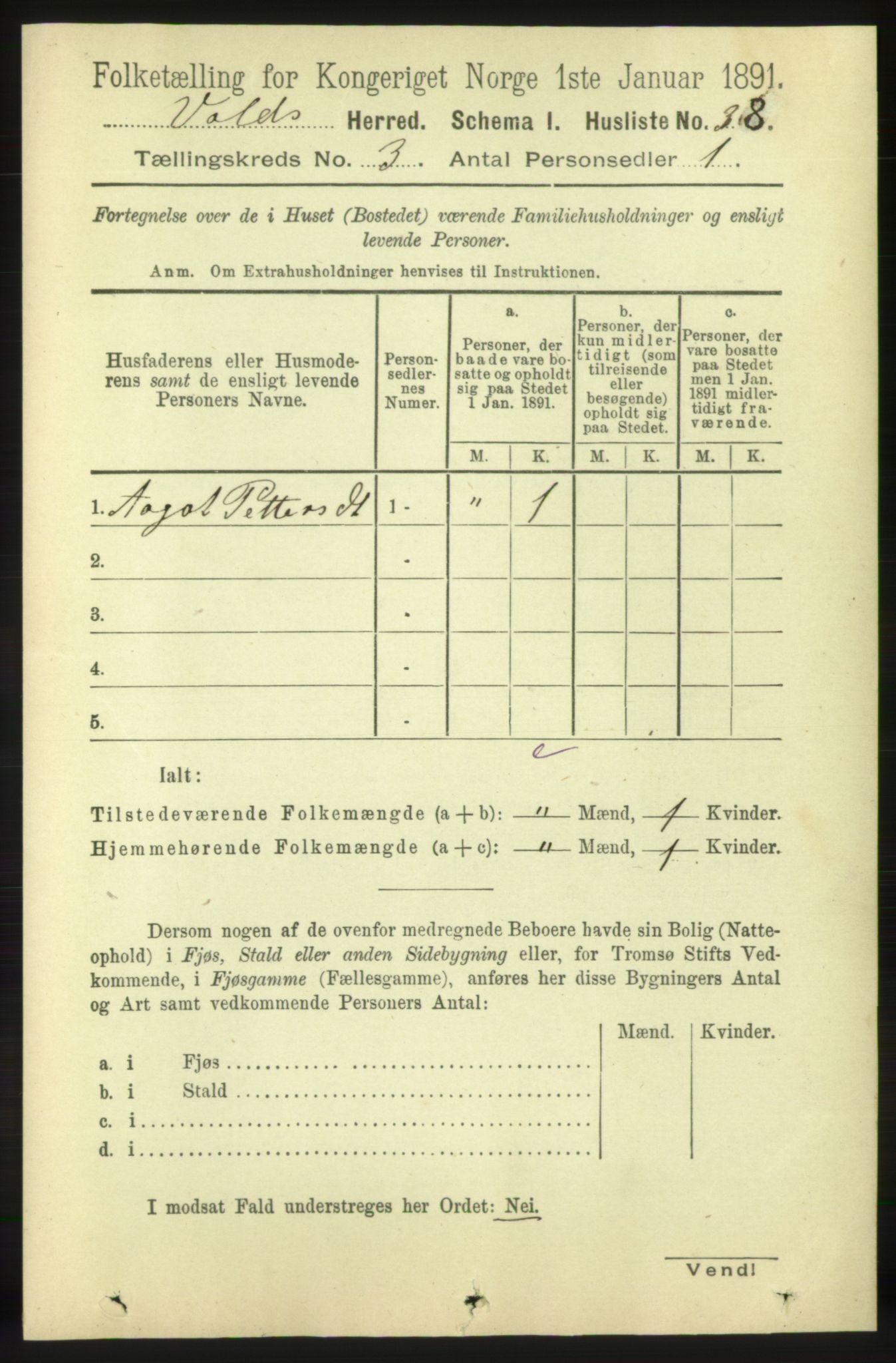 RA, 1891 census for 1537 Voll, 1891, p. 950