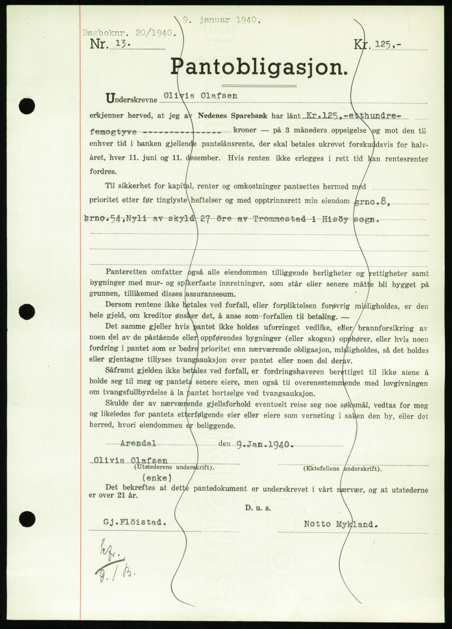 Nedenes sorenskriveri, AV/SAK-1221-0006/G/Gb/Gbb/L0001: Mortgage book no. I, 1939-1942, Diary no: : 20/1940