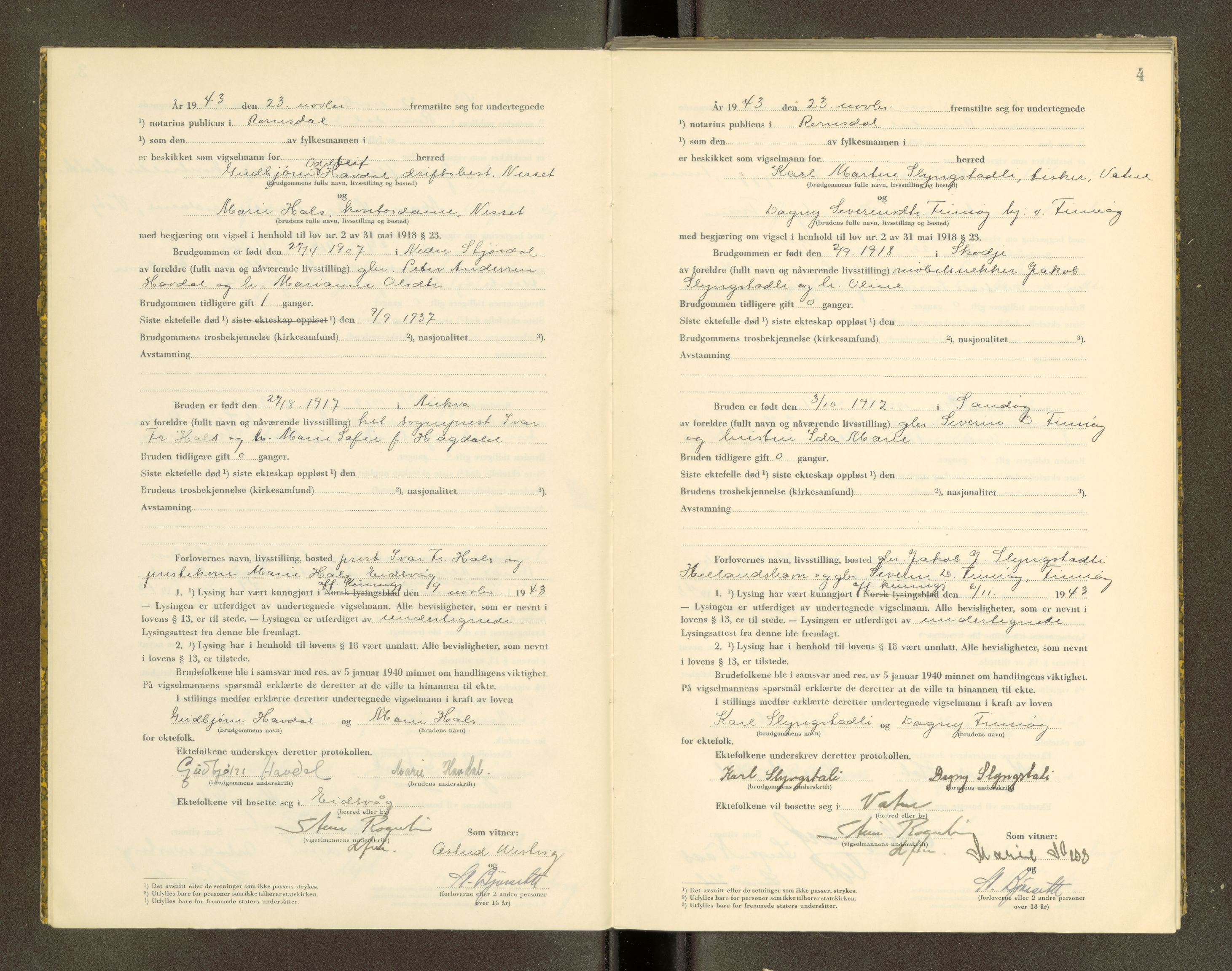 Romsdal sorenskriveri, AV/SAT-A-4149/1/6/6D/L0007: Vigselbok, 1943-1944, p. 4