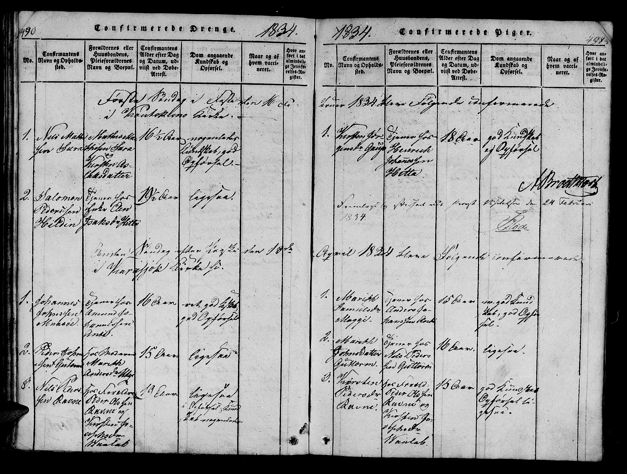 Kistrand/Porsanger sokneprestembete, AV/SATØ-S-1351/H/Ha/L0010.kirke: Parish register (official) no. 10, 1821-1842, p. 490-491