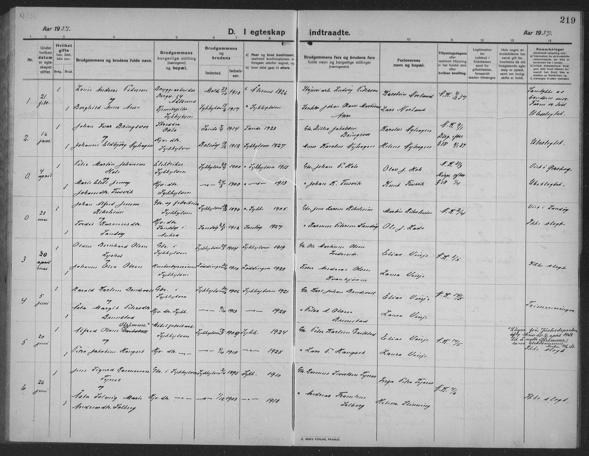 Ministerialprotokoller, klokkerbøker og fødselsregistre - Møre og Romsdal, AV/SAT-A-1454/523/L0342: Parish register (copy) no. 523C05, 1916-1937, p. 219