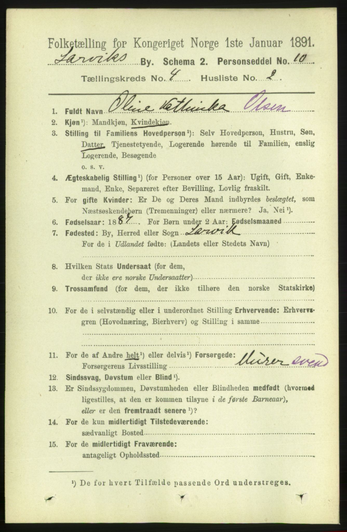 RA, 1891 census for 0707 Larvik, 1891, p. 5086