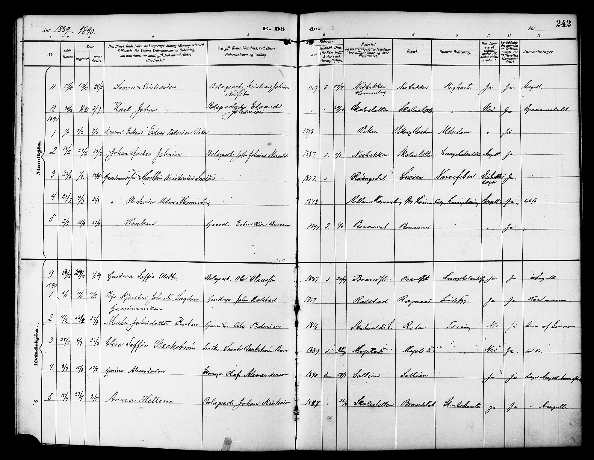 Ministerialprotokoller, klokkerbøker og fødselsregistre - Sør-Trøndelag, SAT/A-1456/617/L0431: Parish register (copy) no. 617C01, 1889-1910, p. 242