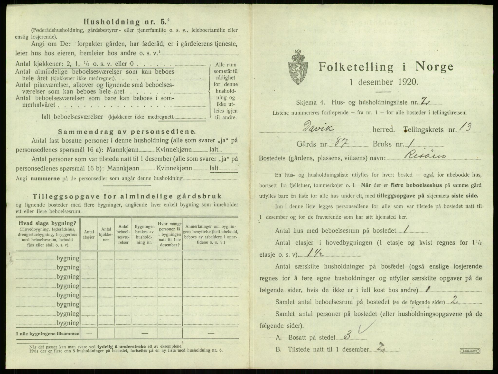 SAB, 1920 census for Davik, 1920, p. 838