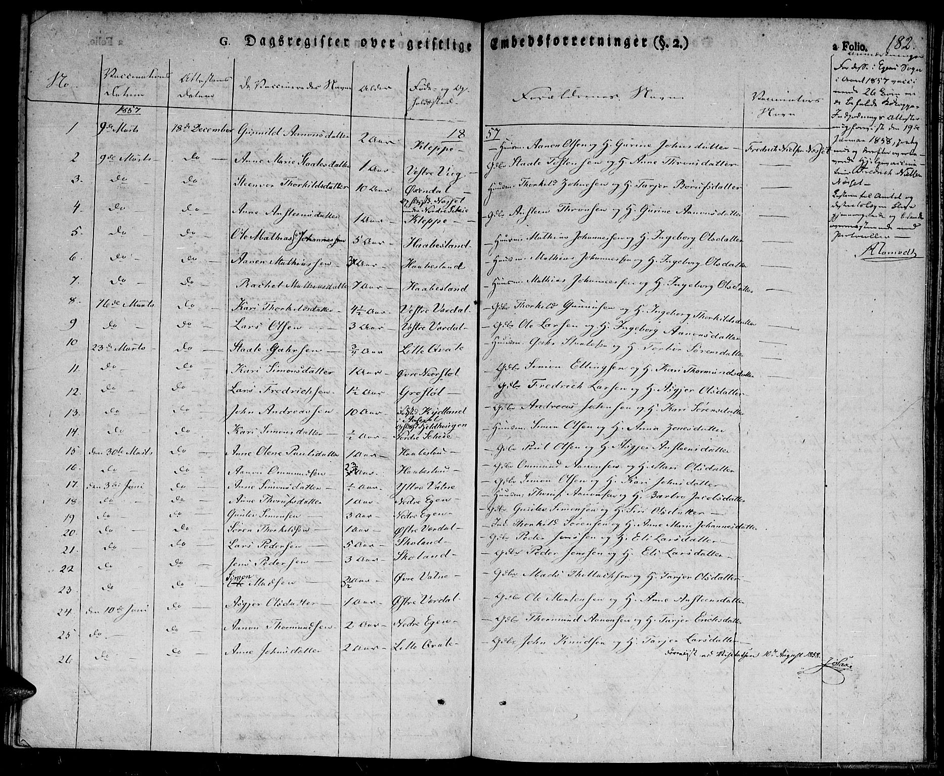 Hægebostad sokneprestkontor, AV/SAK-1111-0024/F/Fa/Fab/L0001: Parish register (official) no. A 1, 1823-1867, p. 182