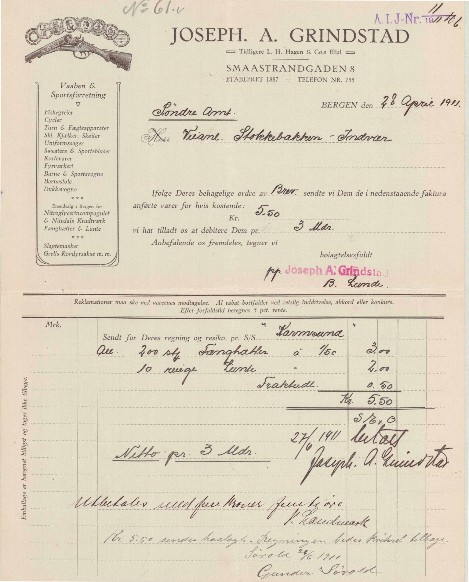 Finnaas kommune. Formannskapet, IKAH/1218a-021/E/Ea/L0001/0001: Rekneskap for veganlegg / Rekneskap for veganlegget Indvær - Stokkabakken, 1910-1915, p. 27