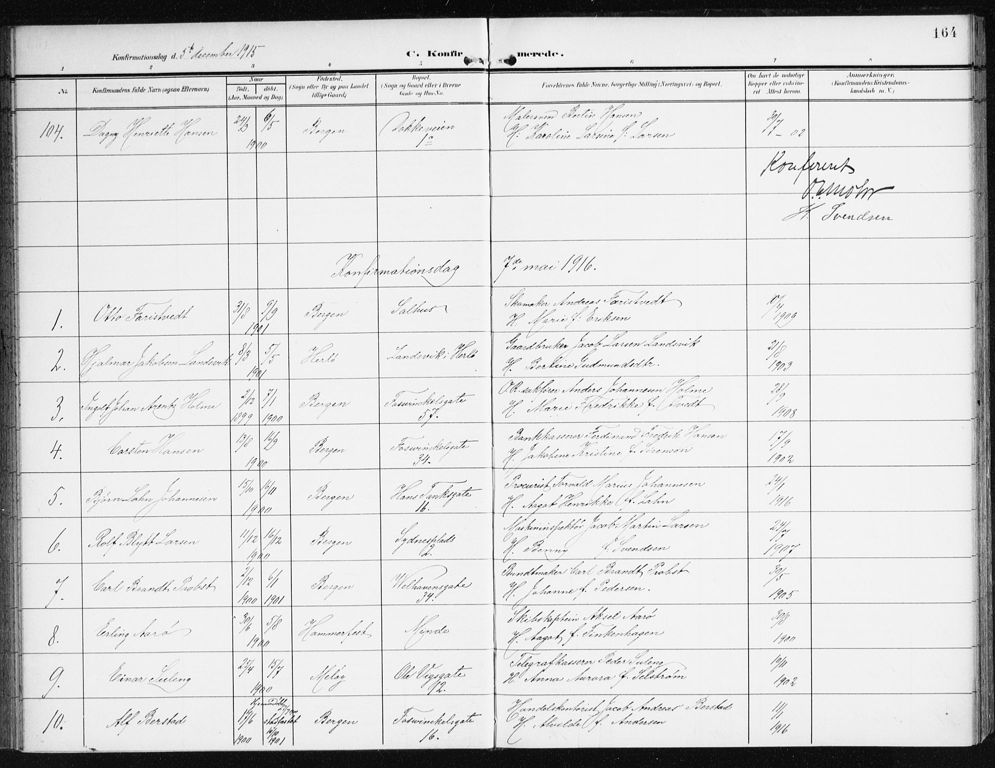 Johanneskirken sokneprestembete, SAB/A-76001/H/Haa/L0009: Parish register (official) no. C 2, 1907-1924, p. 164