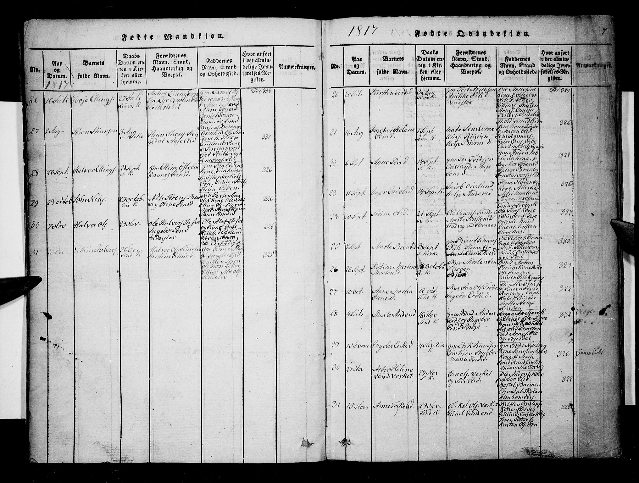 Søndeled sokneprestkontor, AV/SAK-1111-0038/F/Fa/L0001: Parish register (official) no. A 1, 1816-1838, p. 7