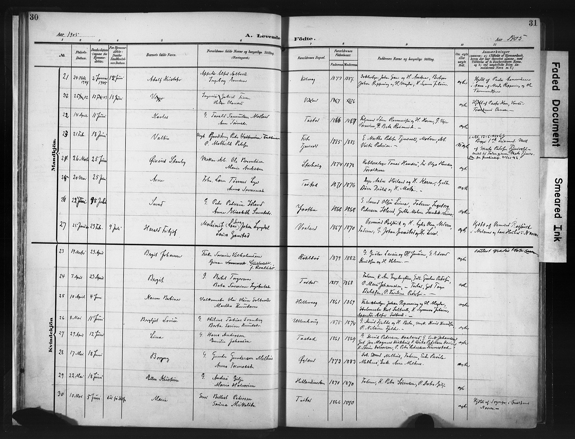 Hetland sokneprestkontor, AV/SAST-A-101826/30/30BA/L0013: Parish register (official) no. A 13, 1904-1918, p. 30-31