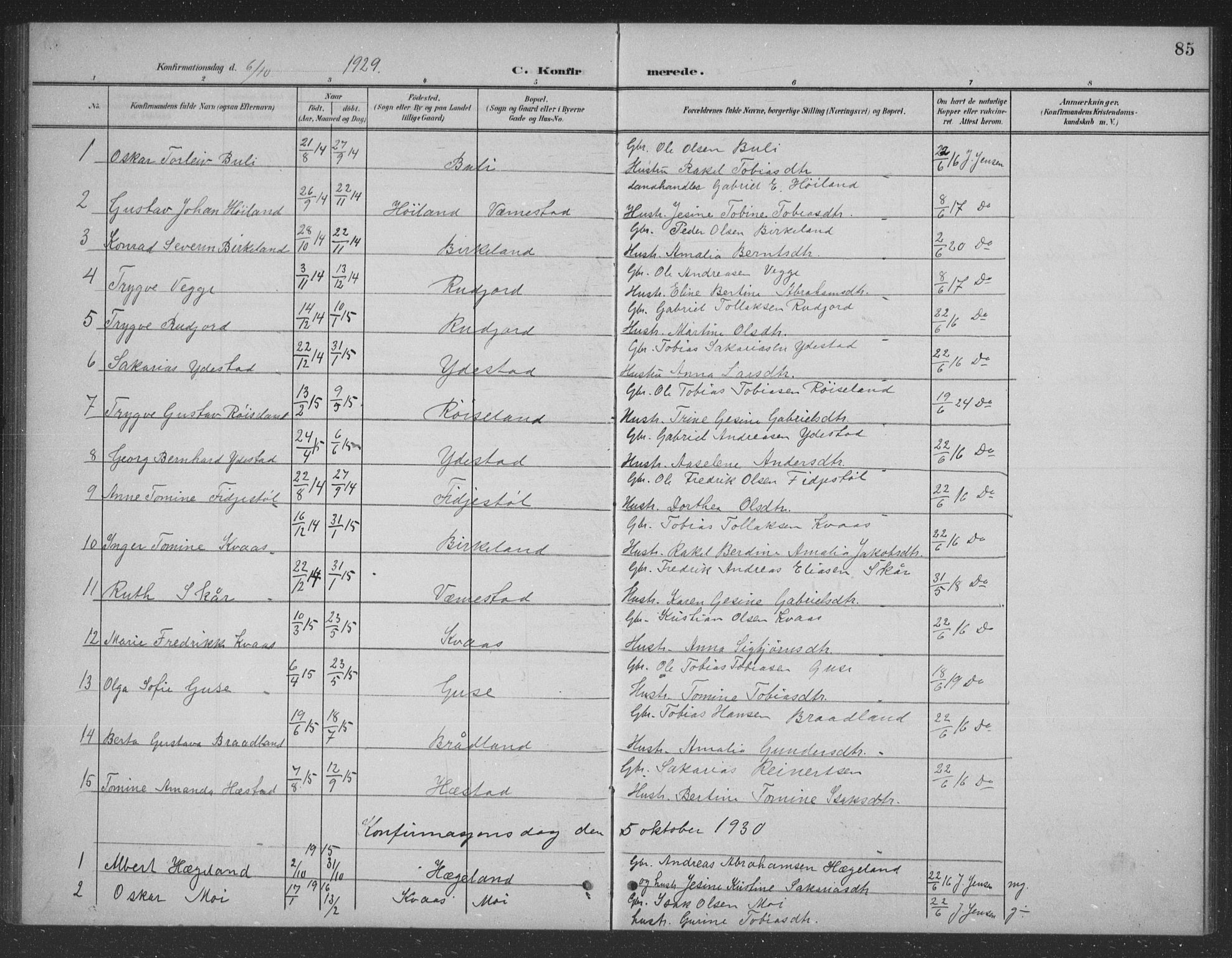 Lyngdal sokneprestkontor, AV/SAK-1111-0029/F/Fb/Fbb/L0002: Parish register (copy) no. B 2, 1901-1934, p. 85