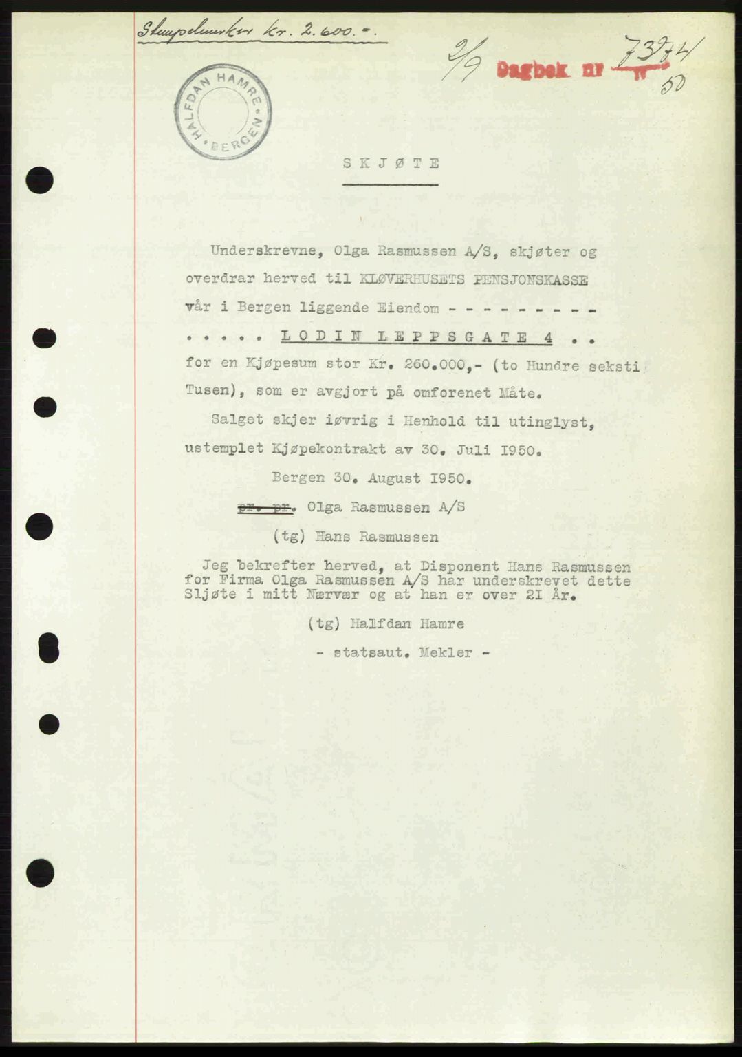 Byfogd og Byskriver i Bergen, AV/SAB-A-3401/03/03Bc/L0033: Mortgage book no. A26-27, 1950-1950, Diary no: : 7374/1950