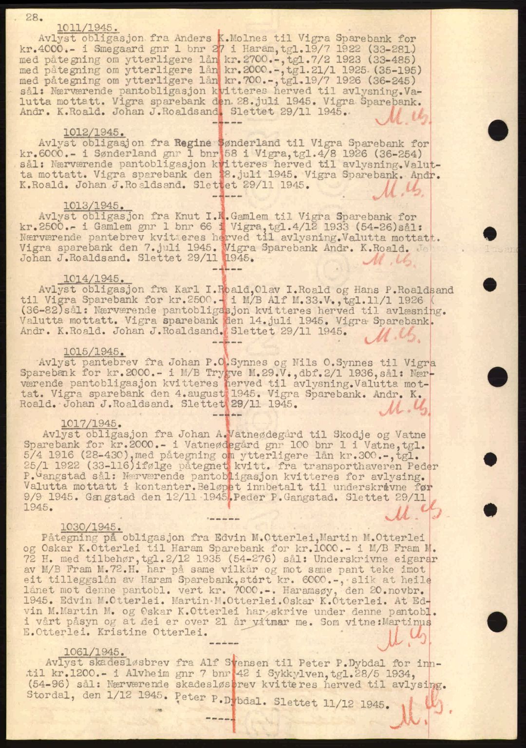 Nordre Sunnmøre sorenskriveri, SAT/A-0006/1/2/2C/2Ca: Mortgage book no. B6-14 a, 1942-1945, Diary no: : 1011/1945