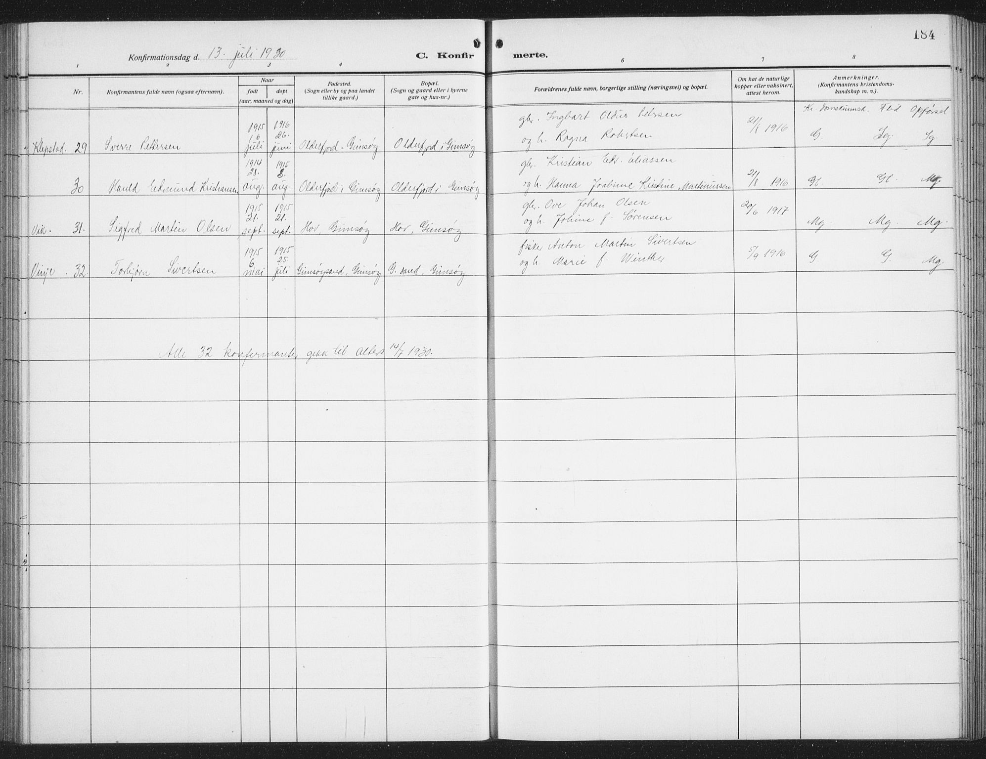 Ministerialprotokoller, klokkerbøker og fødselsregistre - Nordland, AV/SAT-A-1459/876/L1106: Parish register (copy) no. 876C05, 1915-1942, p. 184