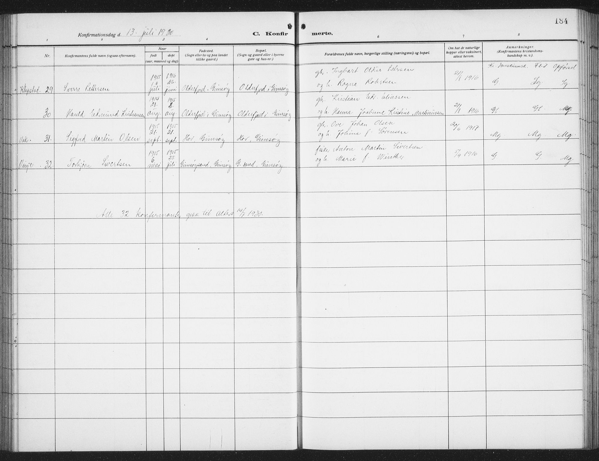 Ministerialprotokoller, klokkerbøker og fødselsregistre - Nordland, AV/SAT-A-1459/876/L1106: Parish register (copy) no. 876C05, 1915-1942, p. 184