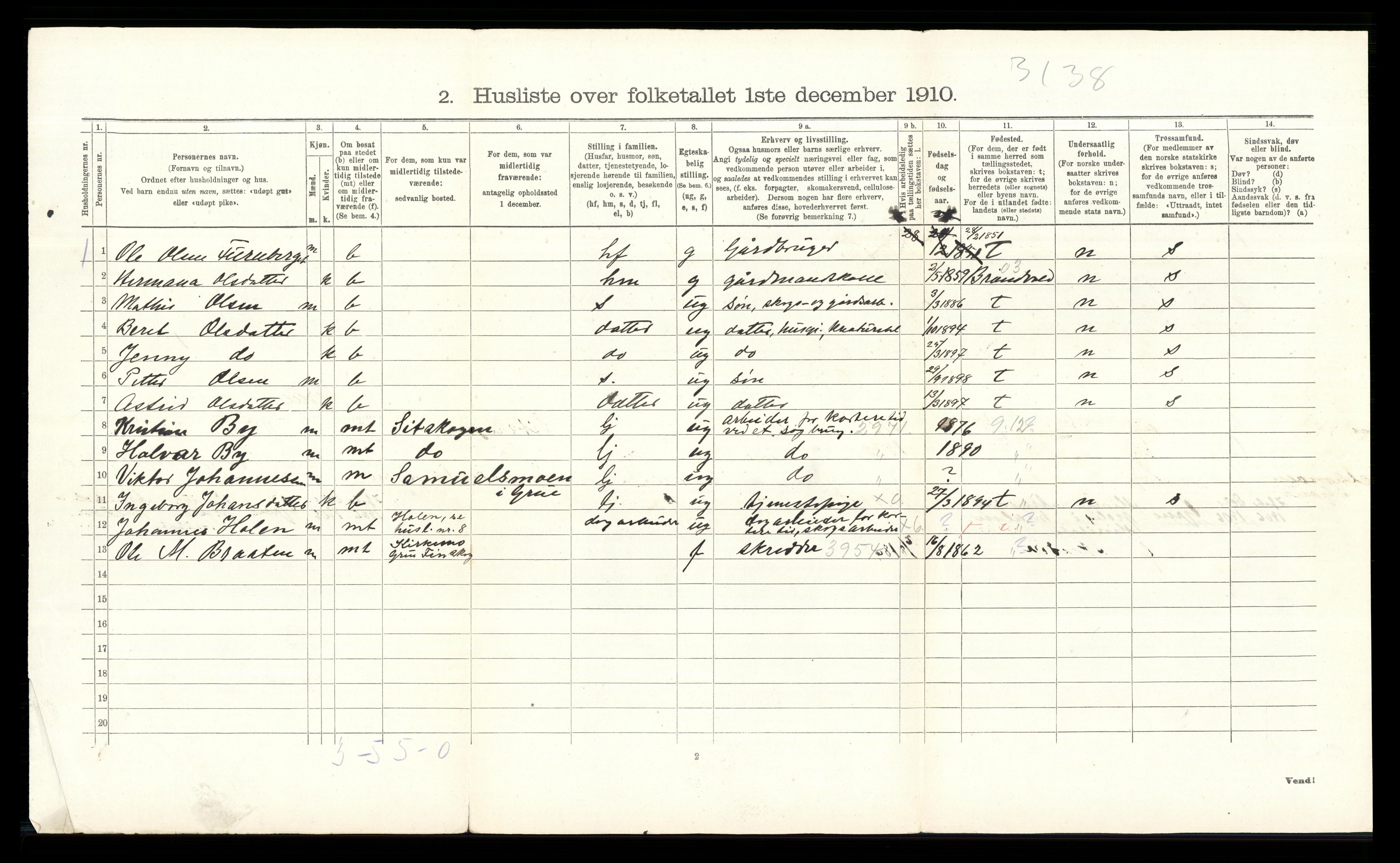 RA, 1910 census for Grue, 1910, p. 1186